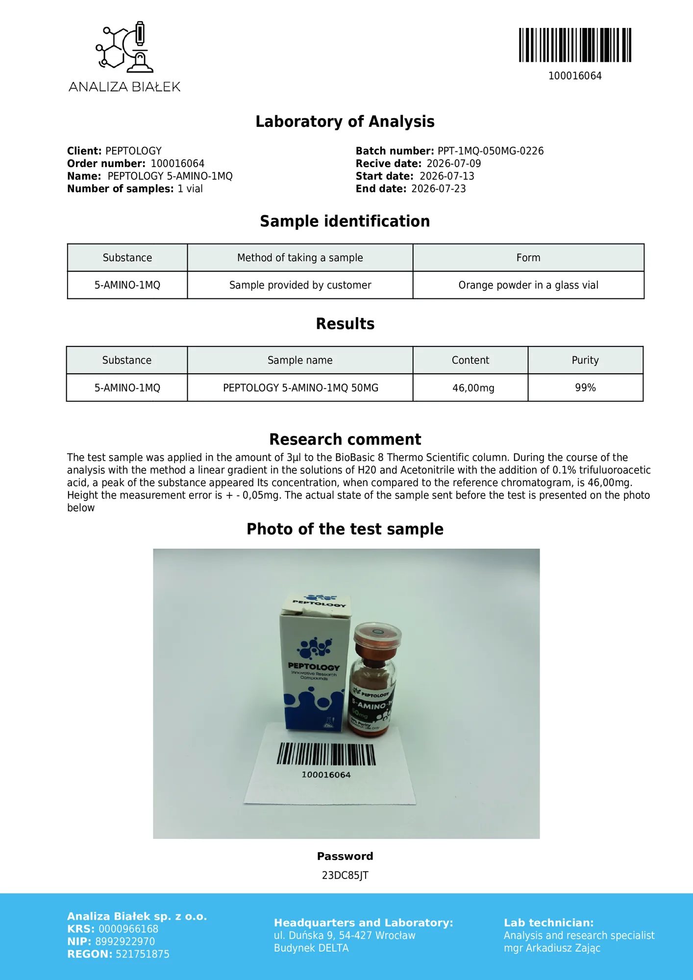 5-Amino-1MQ 50 mg – certifikat čistosti HPLC, serija 0226