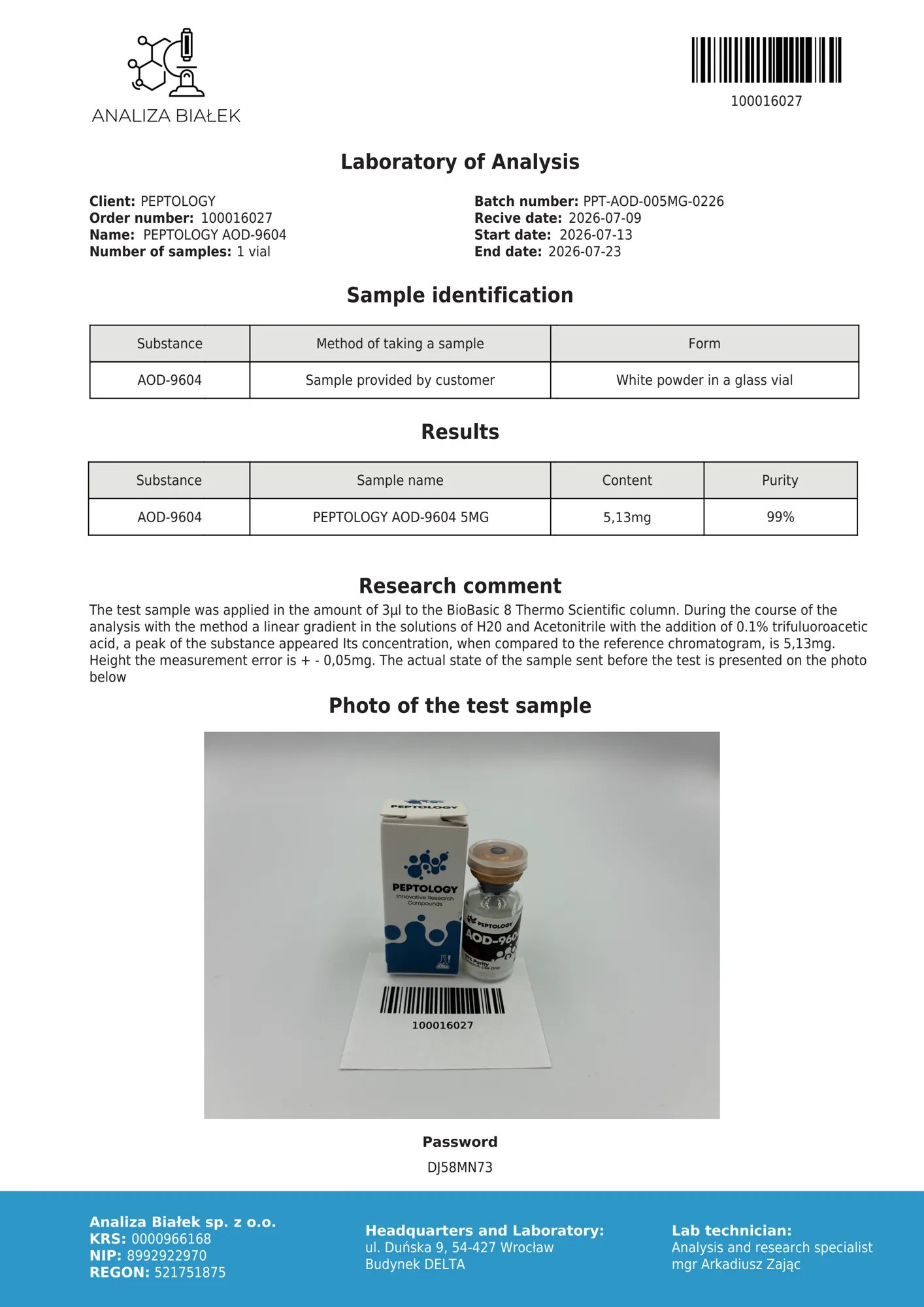AOD-9604 5 mg – certifikat čistosti HPLC, serija 0226