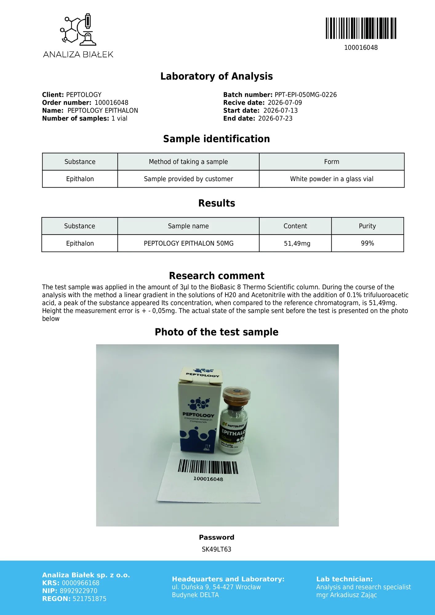 Epithalon 50 mg – certifikat čistosti HPLC, serija 0226