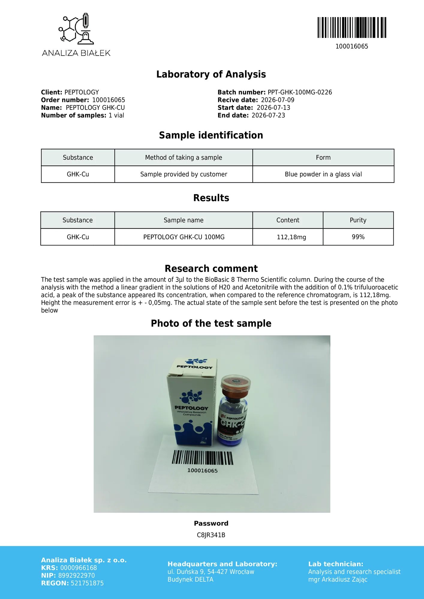 GHK-Cu 100 mg – certifikat čistosti HPLC, serija 0226