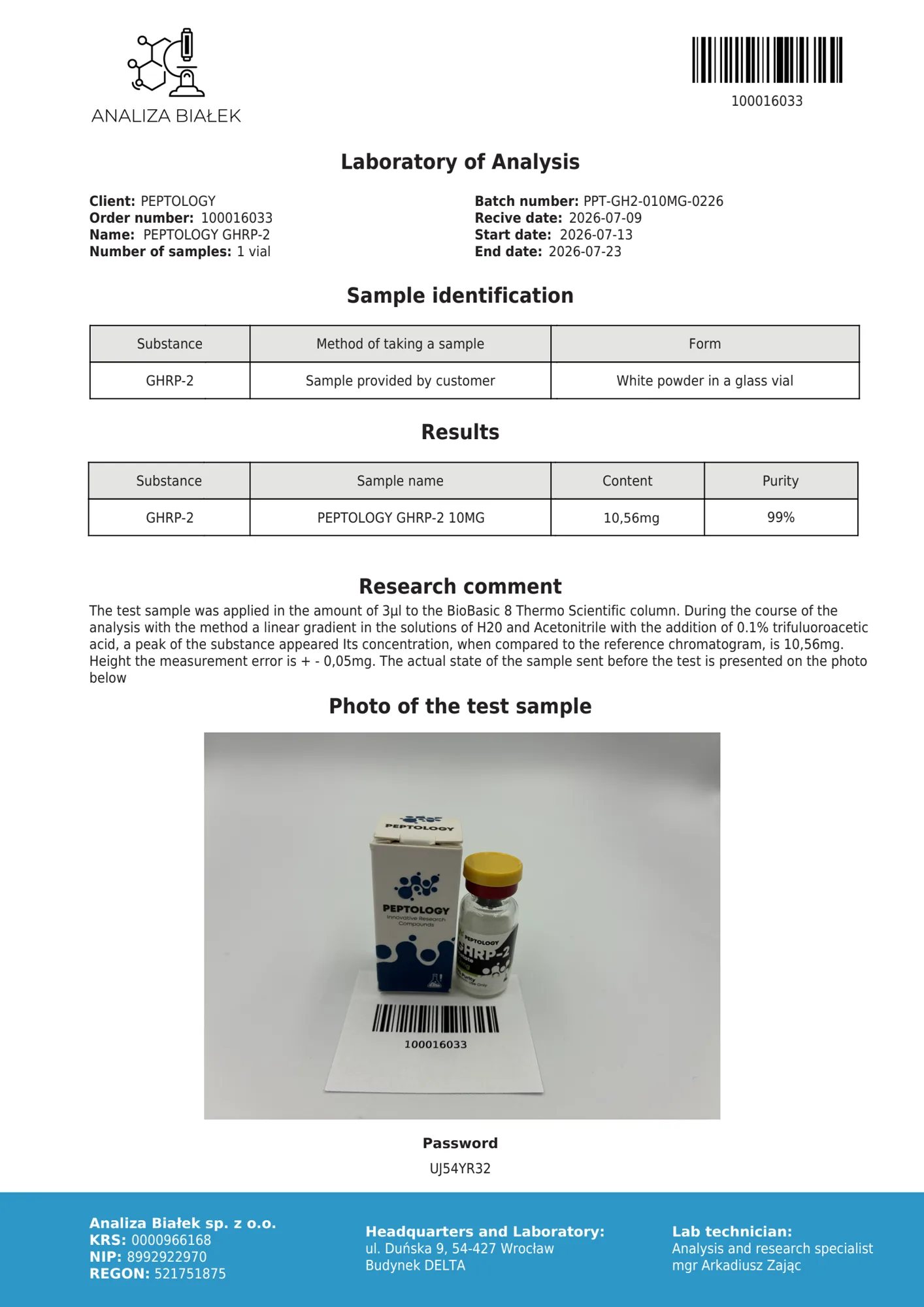 GHRP-2 10 mg – certifikat čistosti HPLC, serija 0226