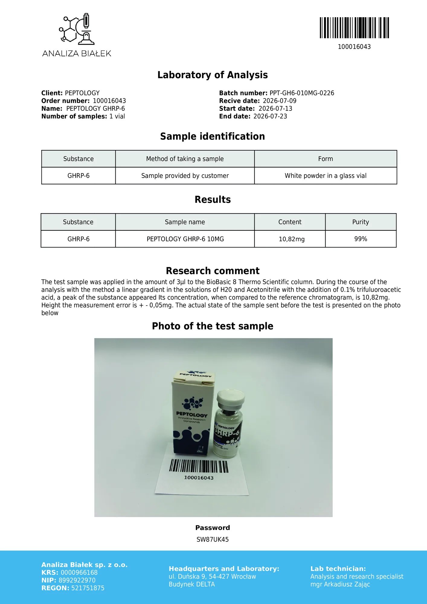 GHRP-6 10 mg – certifikat čistosti HPLC, serija 0226