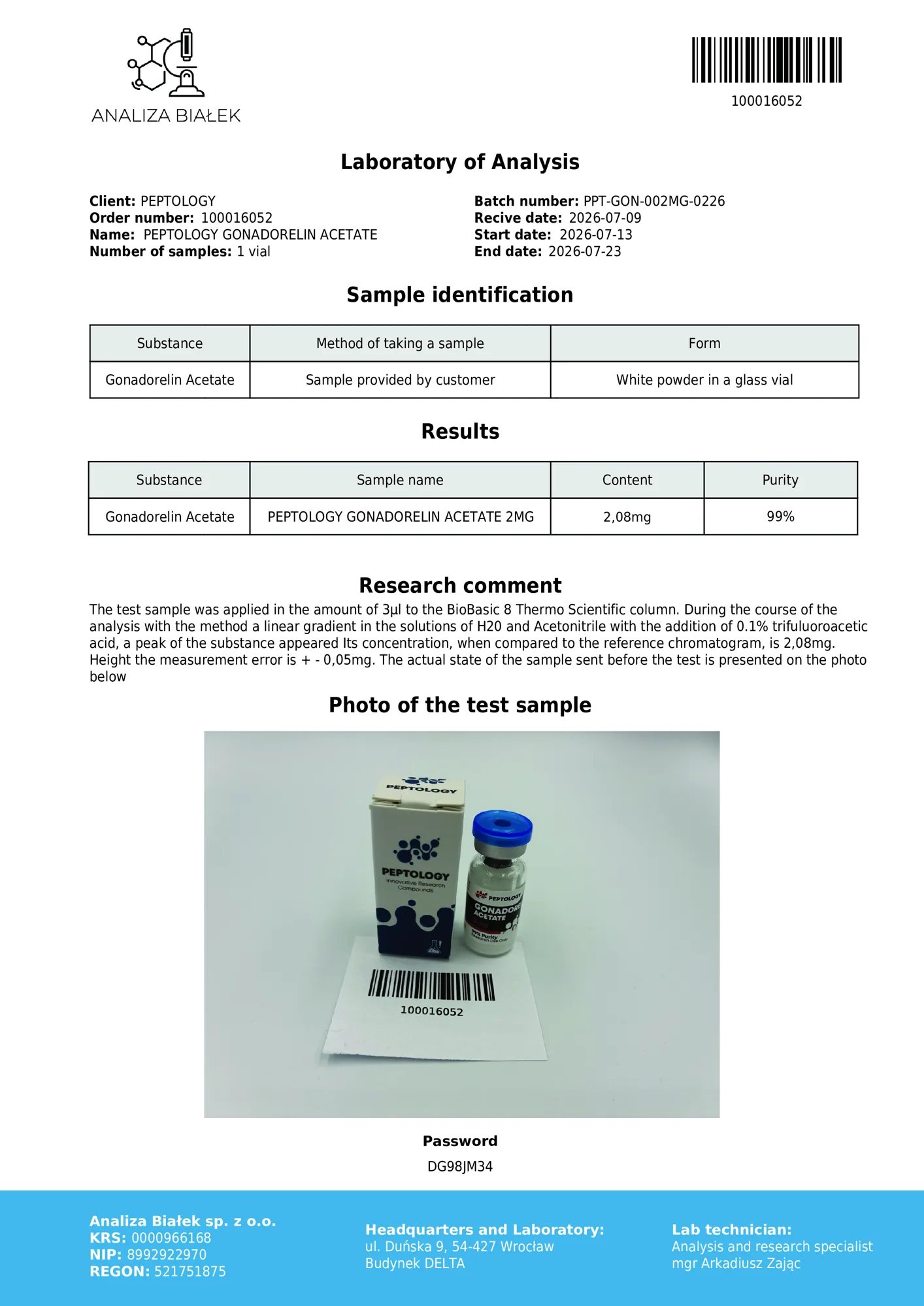 Gonadorelin 2 mg – certifikat čistosti HPLC, serija 0226