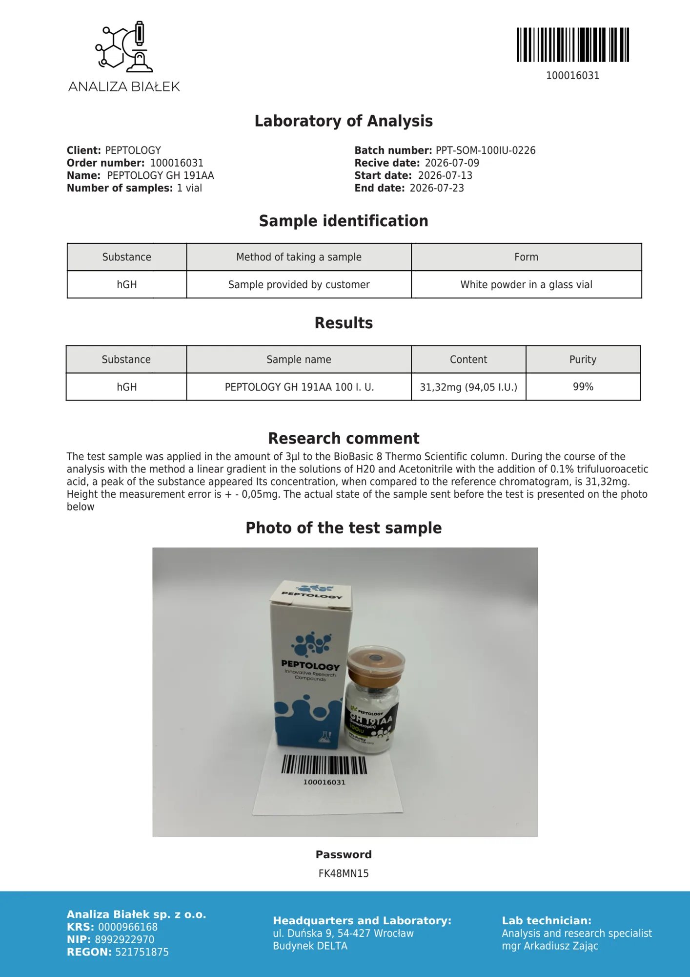 Somatropin 100 IU – certifikat čistosti HPLC, serija 0226