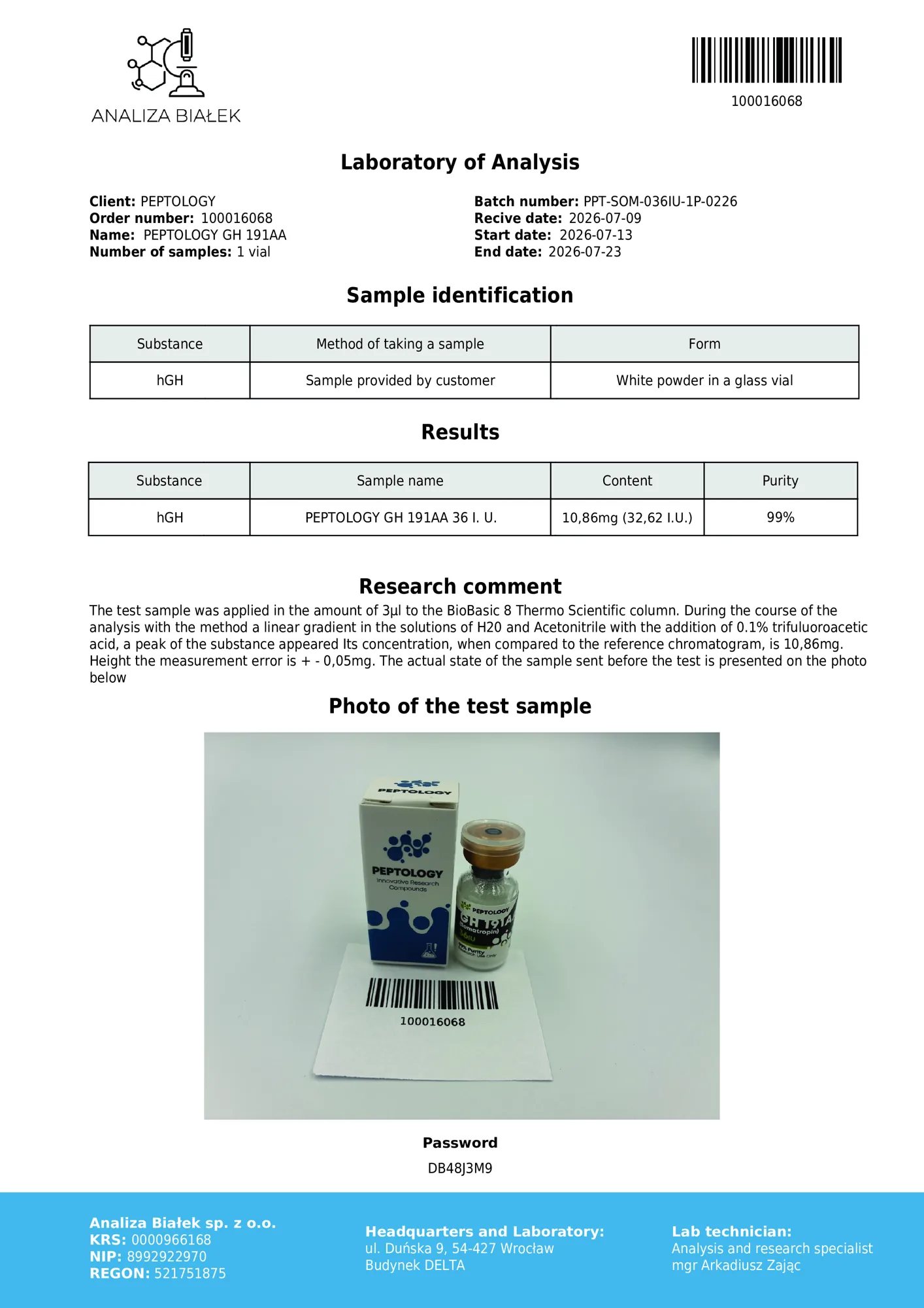 Somatropin 36 IU – certifikat čistosti HPLC, serija 0226