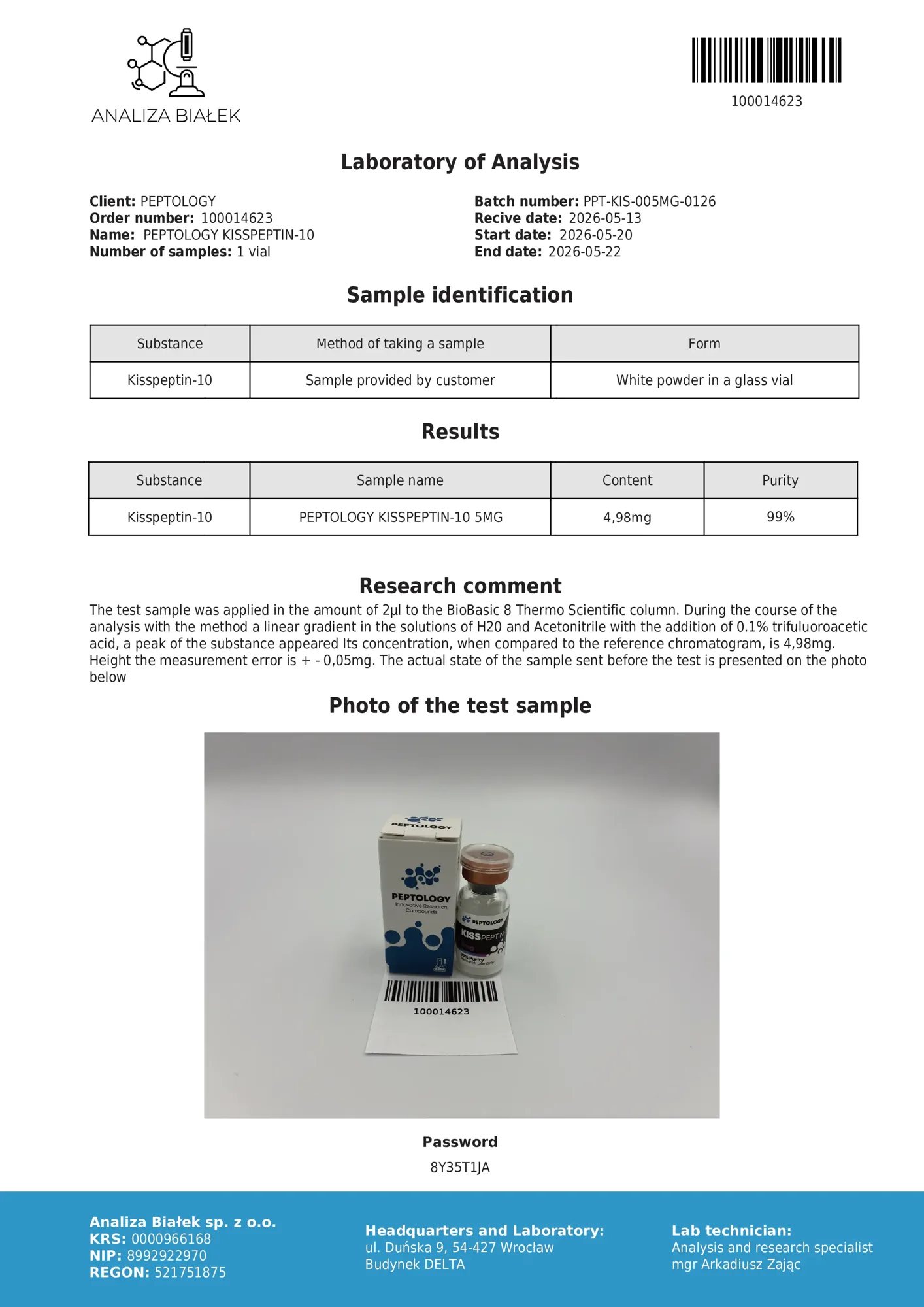 Kisspeptin-10 5 mg – certifikat čistosti HPLC, serija 0126