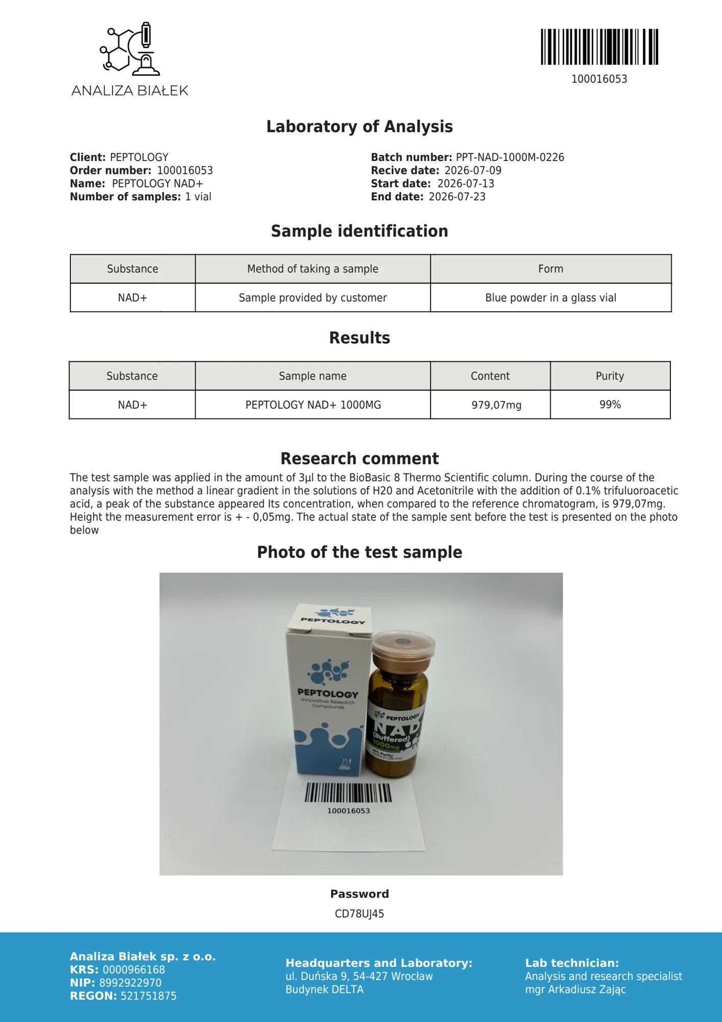 NAD+ 1000 mg – certifikat čistosti HPLC, serija 0226