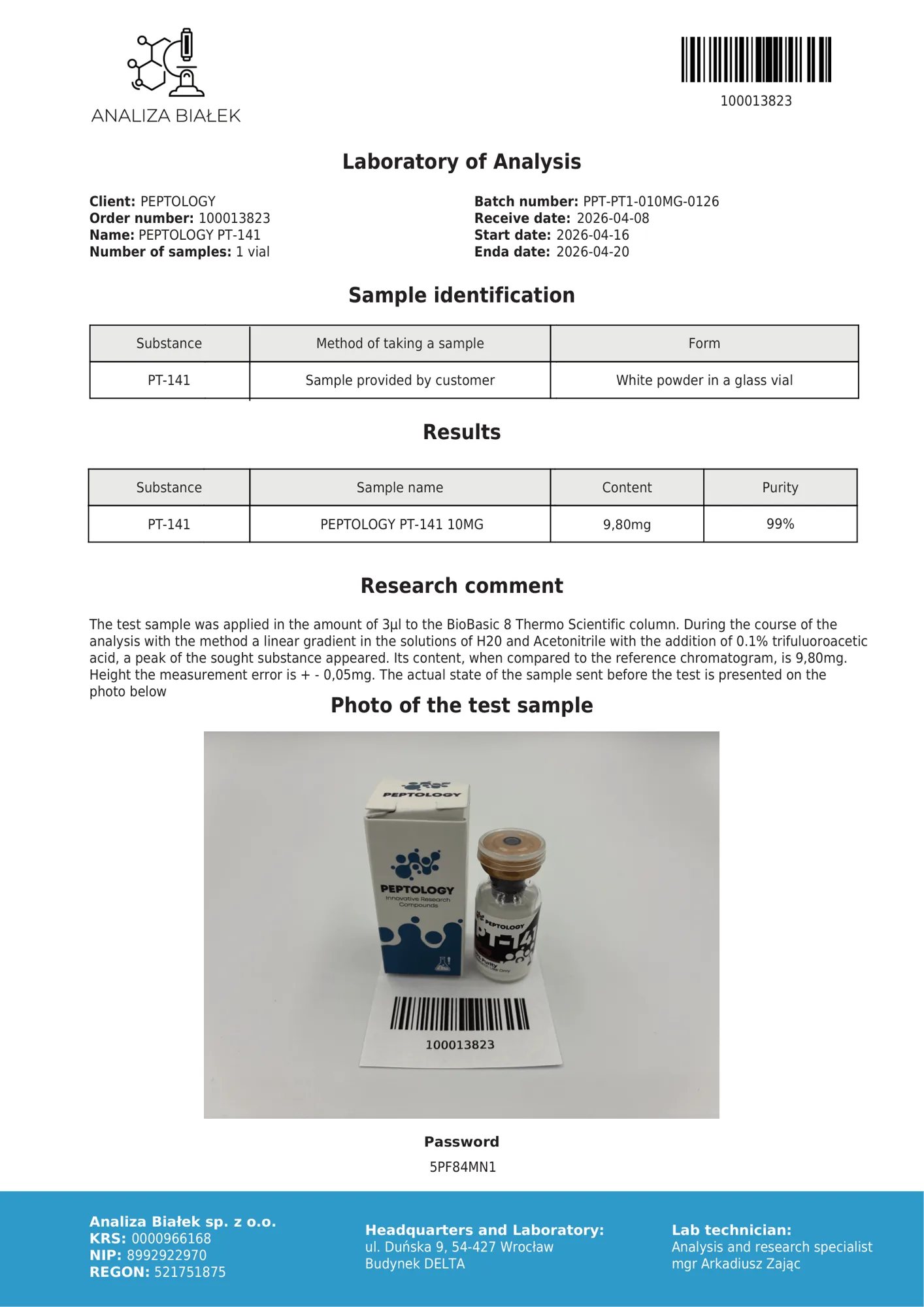 PT-141 10 mg – certifikat čistosti HPLC, serija 0126