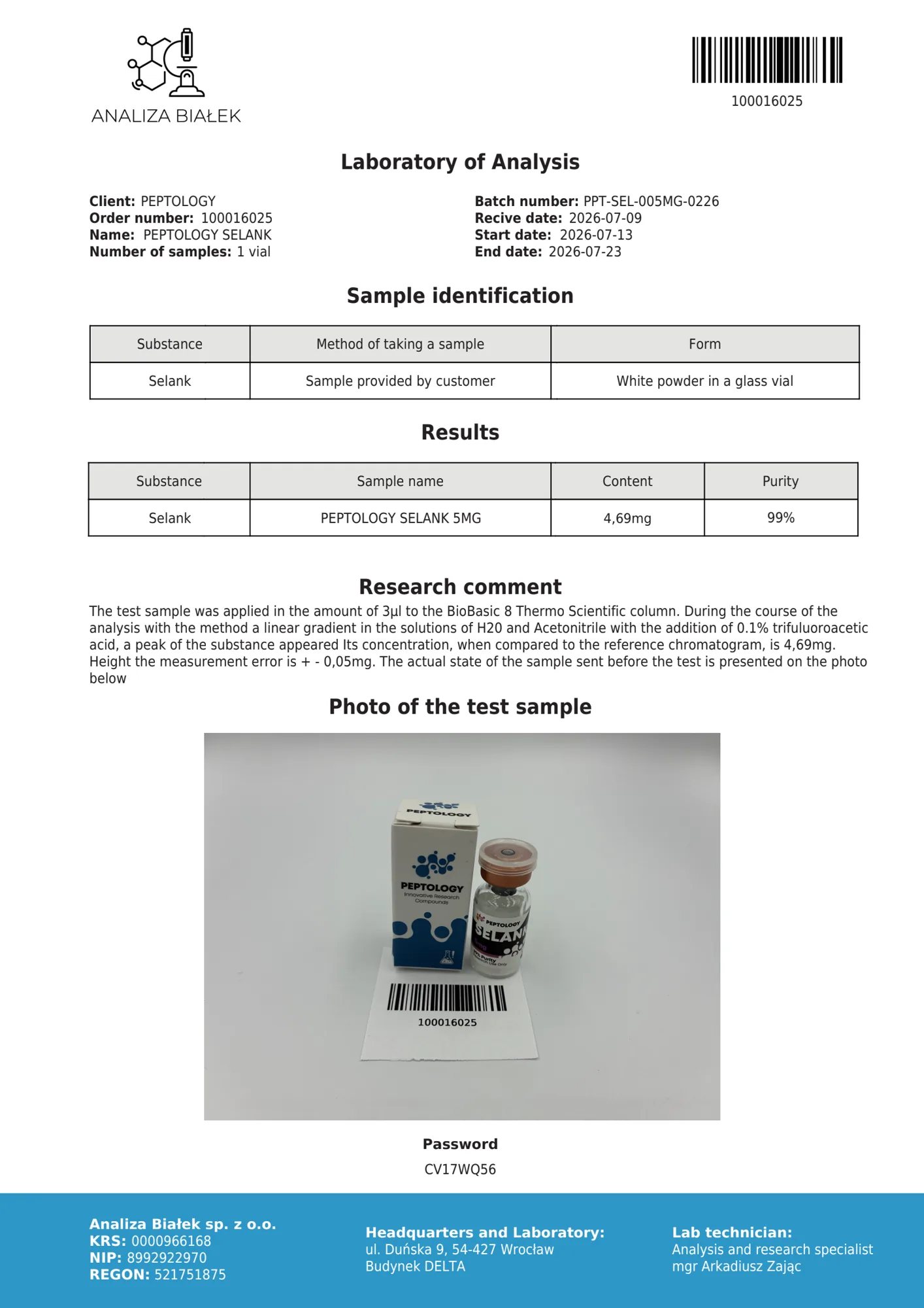 Selank 5 mg – certifikat čistosti HPLC, serija 0226