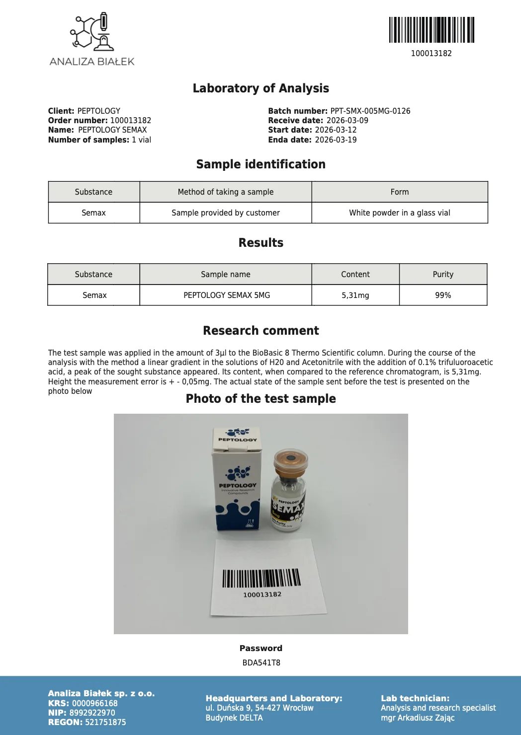 Semax 5 mg – certifikat čistosti HPLC, serija 0126