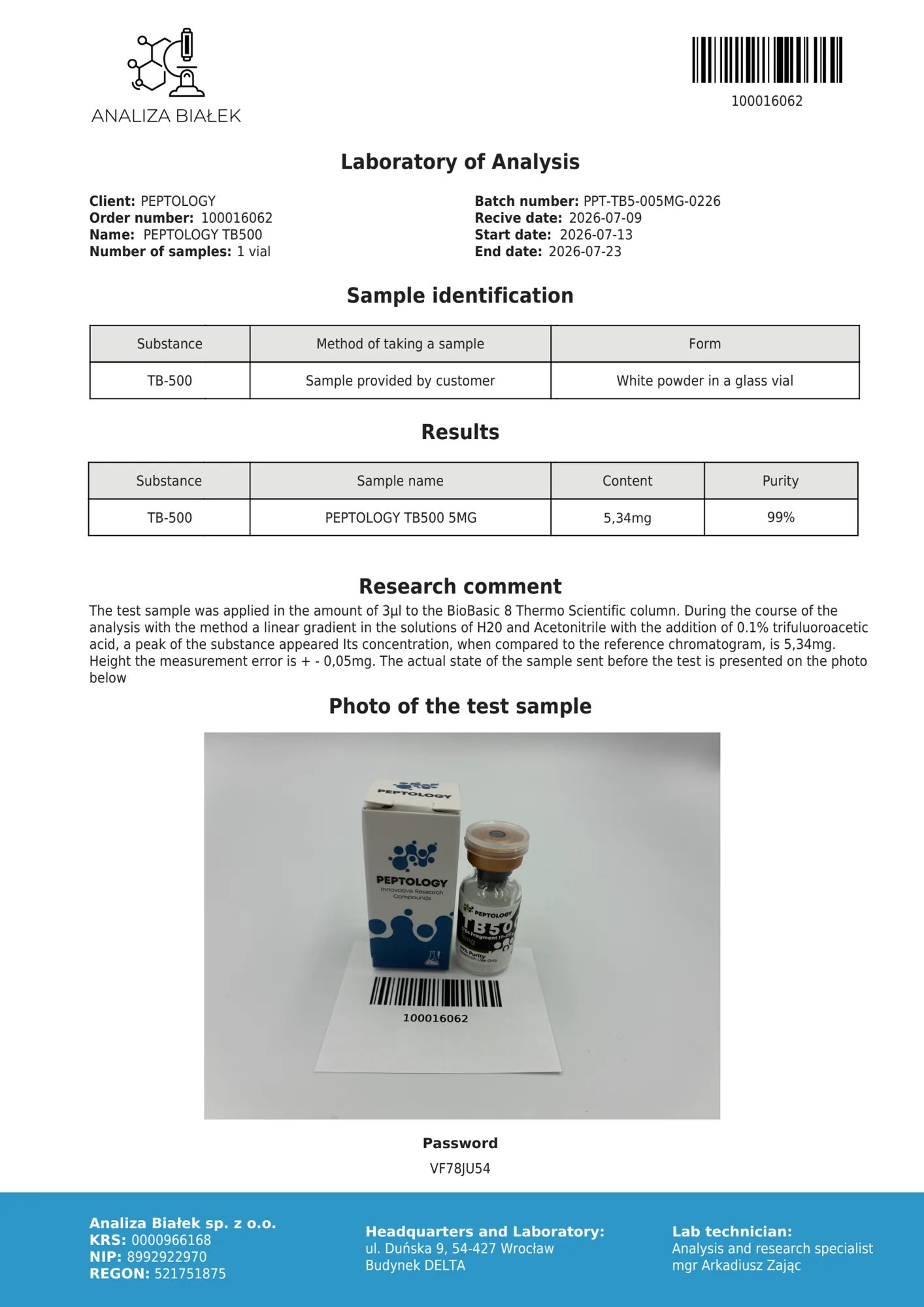 TB500 5 mg – certifikat čistosti HPLC, serija 0226