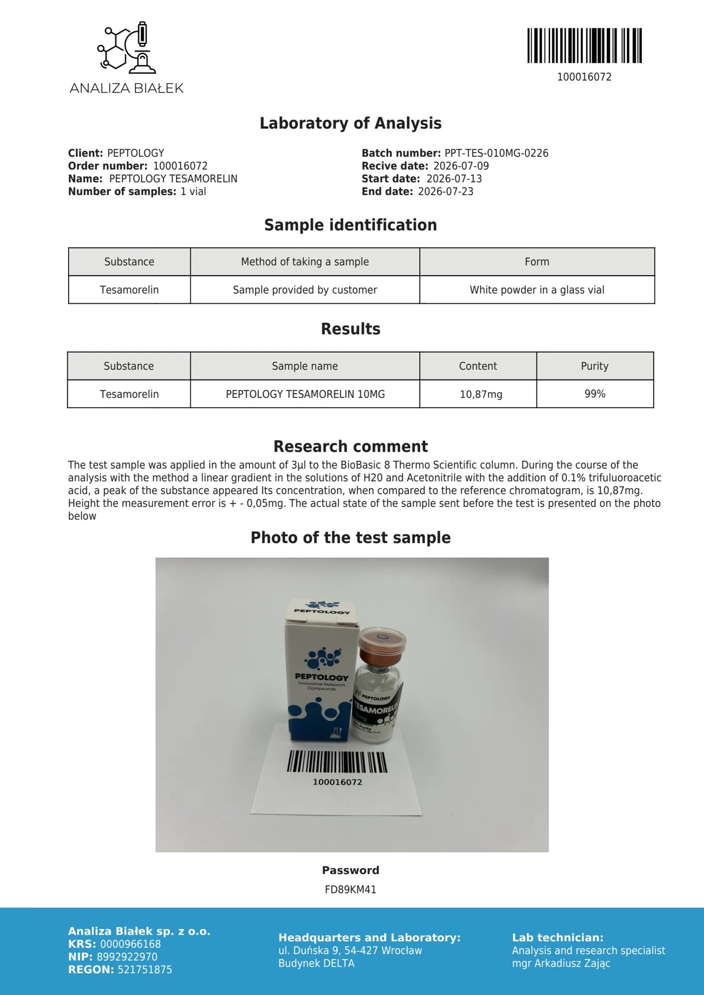 Tesamorelin 10 mg – certifikat čistosti HPLC, serija 0226