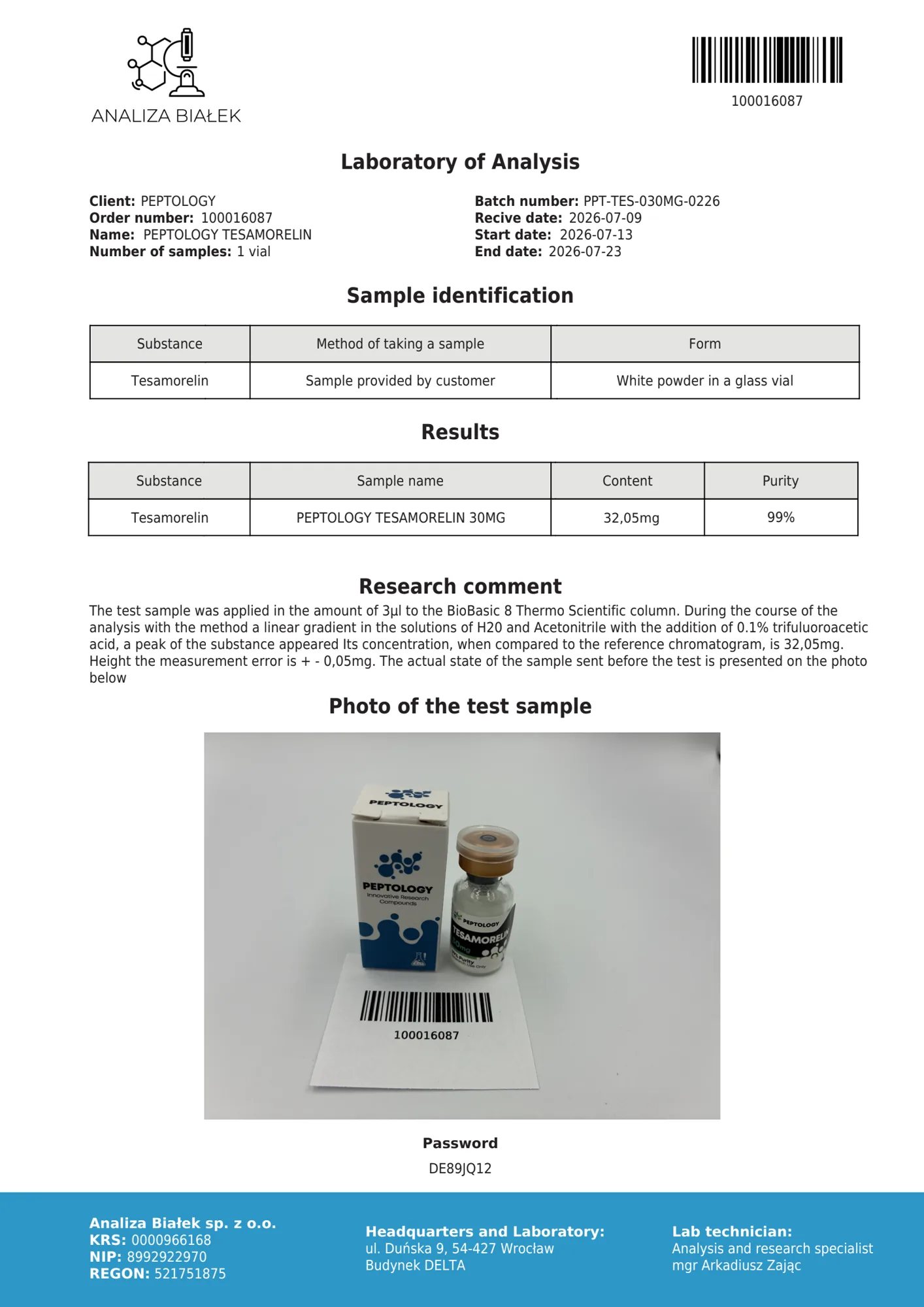Tesamorelin 30 mg – certifikat čistosti HPLC, serija 0226