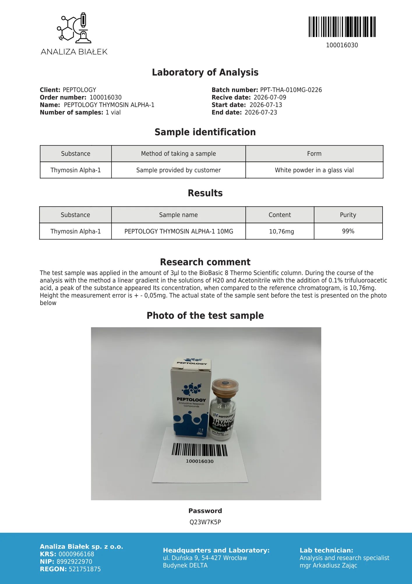 Thymosin Alpha-1 10 mg – certifikat čistosti HPLC, serija 0226