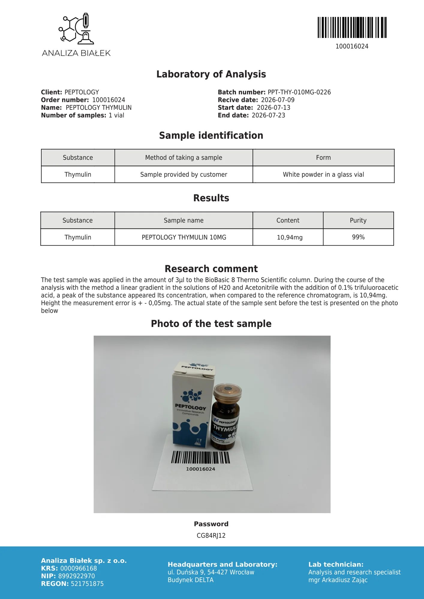 Thymulin 10 mg – certifikat čistosti HPLC, serija 0226