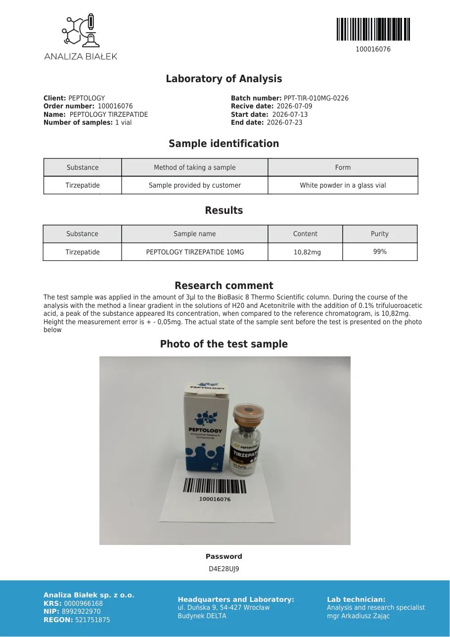 Tirzepatide 10 mg – certifikat čistosti HPLC, serija 0226