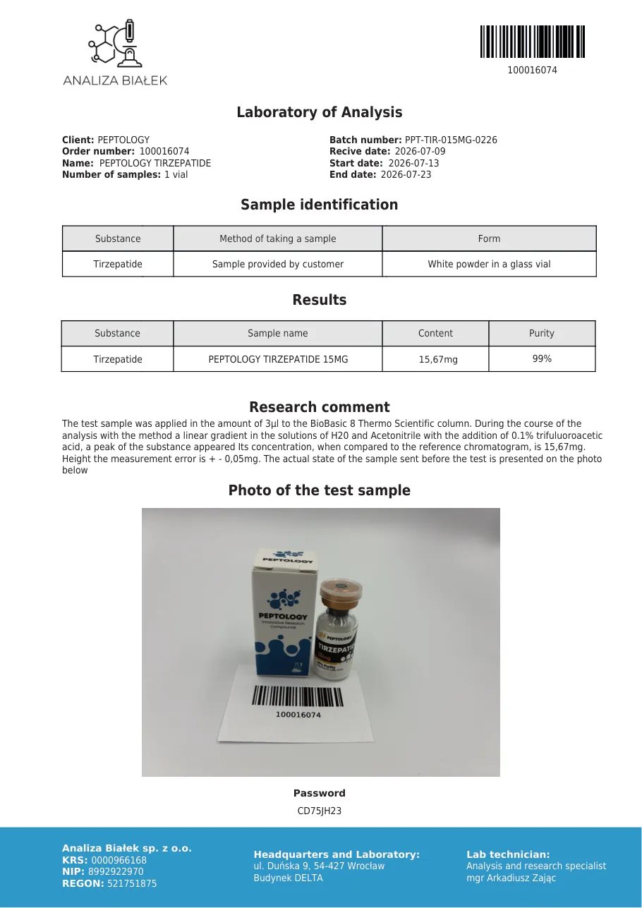 Tirzepatide 15 mg – certifikat čistosti HPLC, serija 0226
