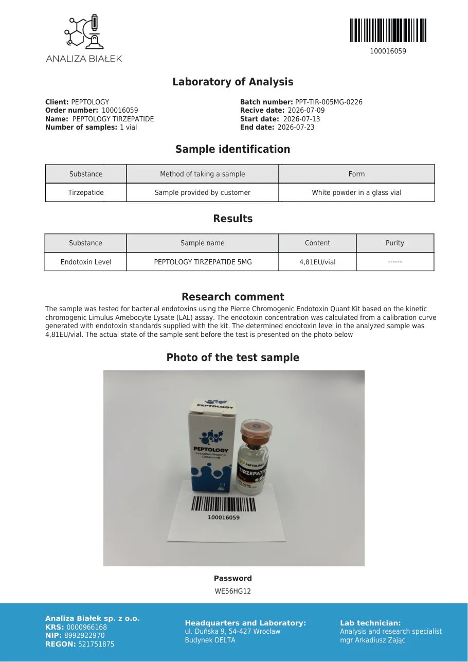 Tirzepatide 5 mg – test endotoksinov, serija 0226