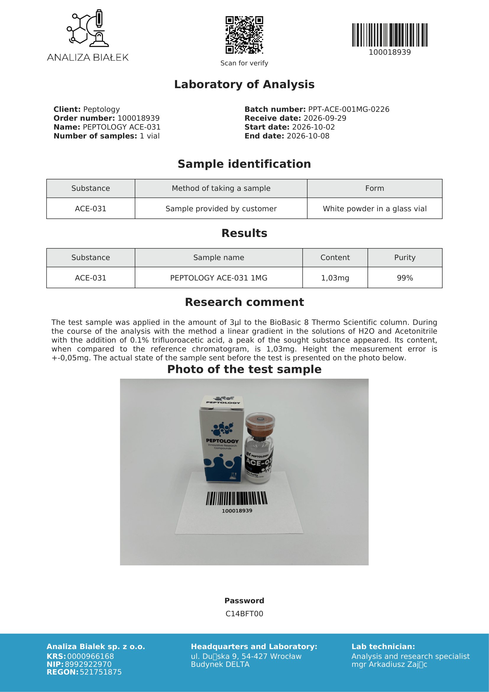 ACE-031 – certifikat čistosti HPLC, serija 0226