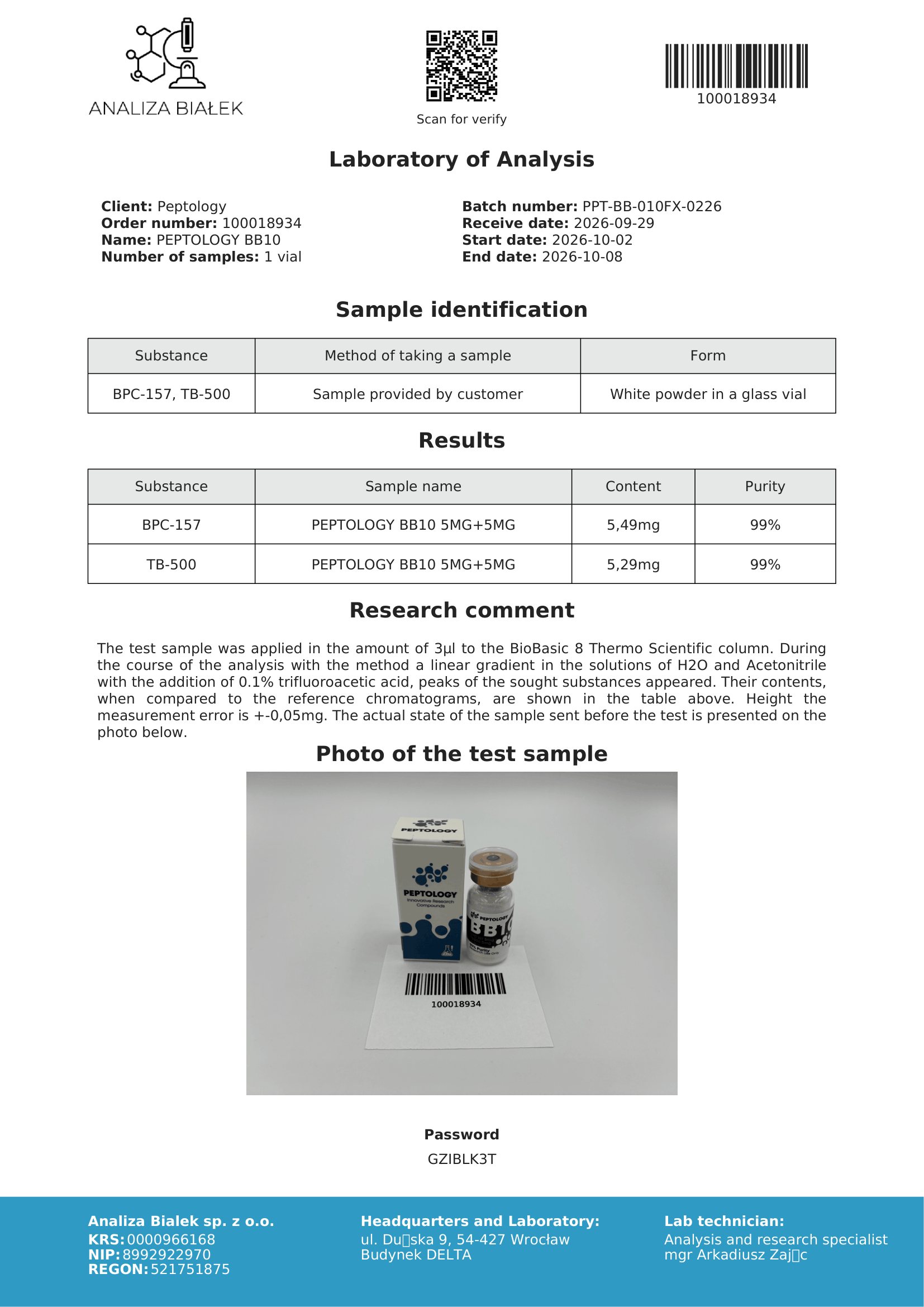BB10 – certifikat čistosti HPLC, serija 0226