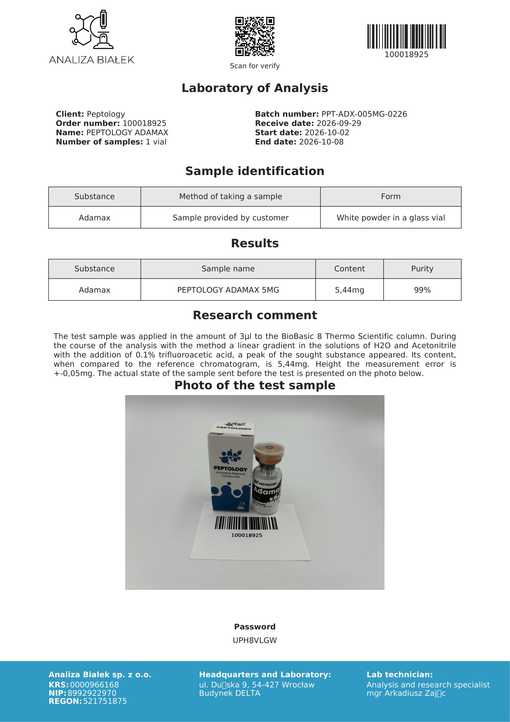 Adamax – certifikat čistosti HPLC, serija 0226