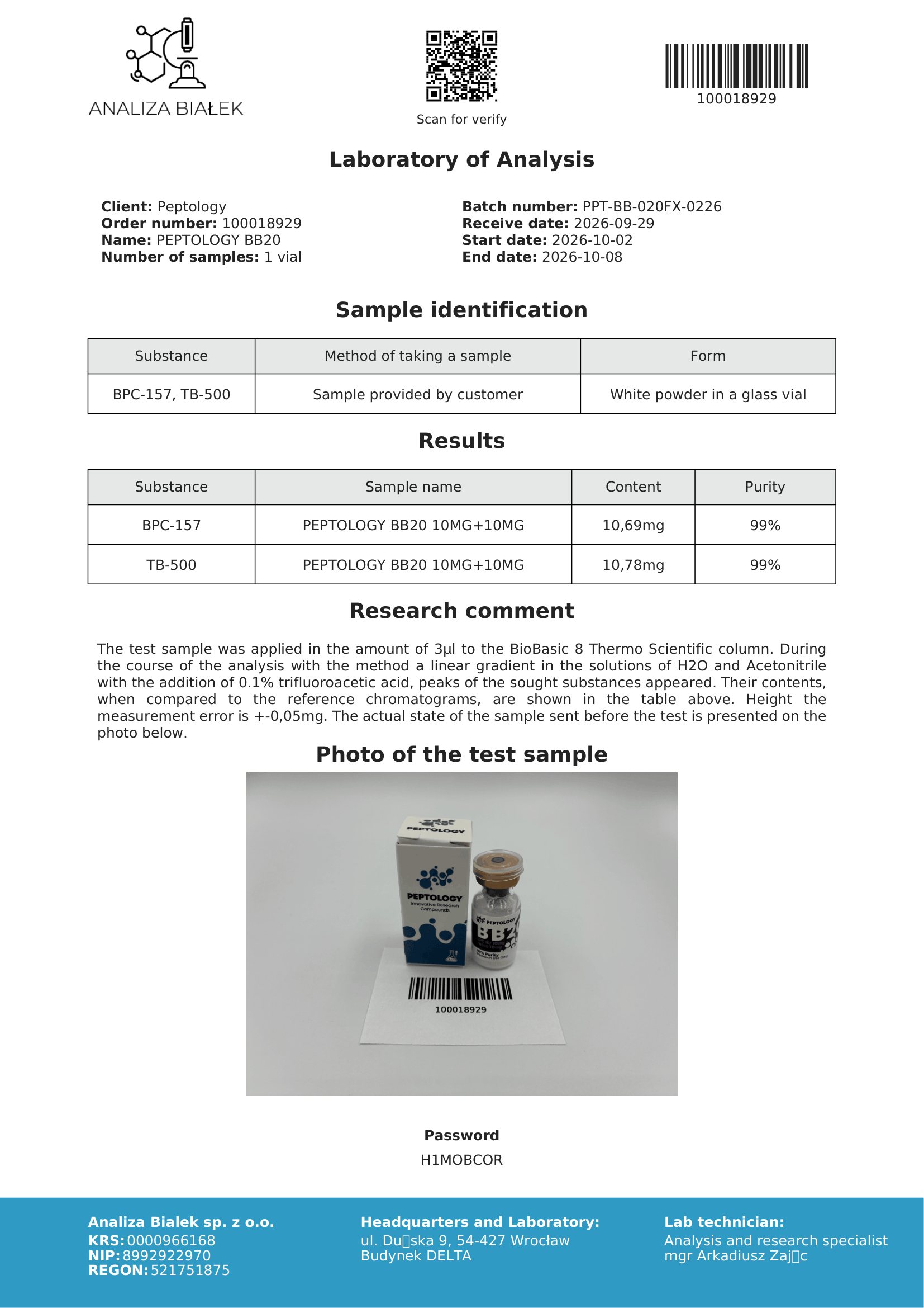 BB20 – certifikat čistosti HPLC, serija 0226