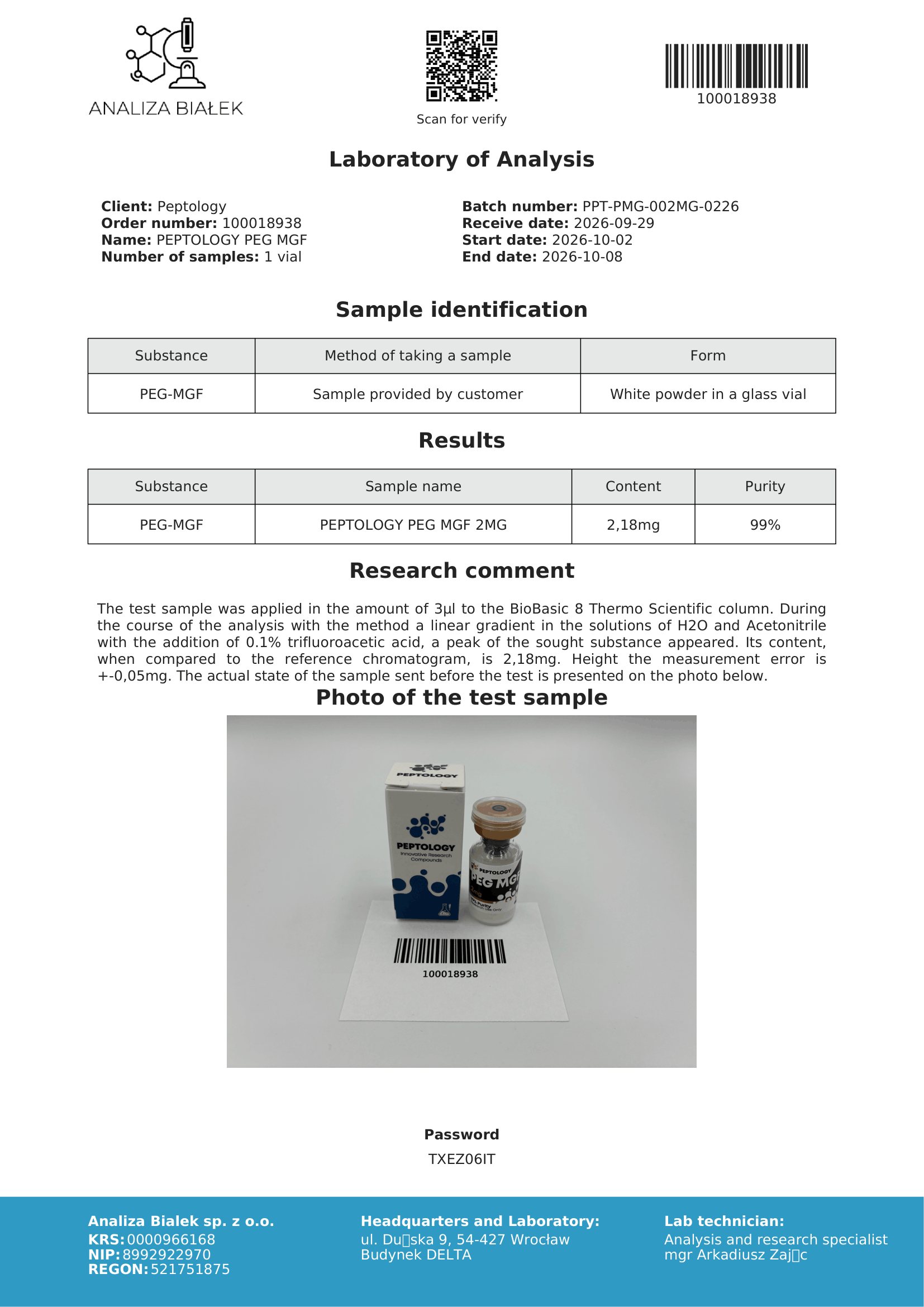 PEG-MGF 2 mg – certifikat čistosti HPLC, serija 0226