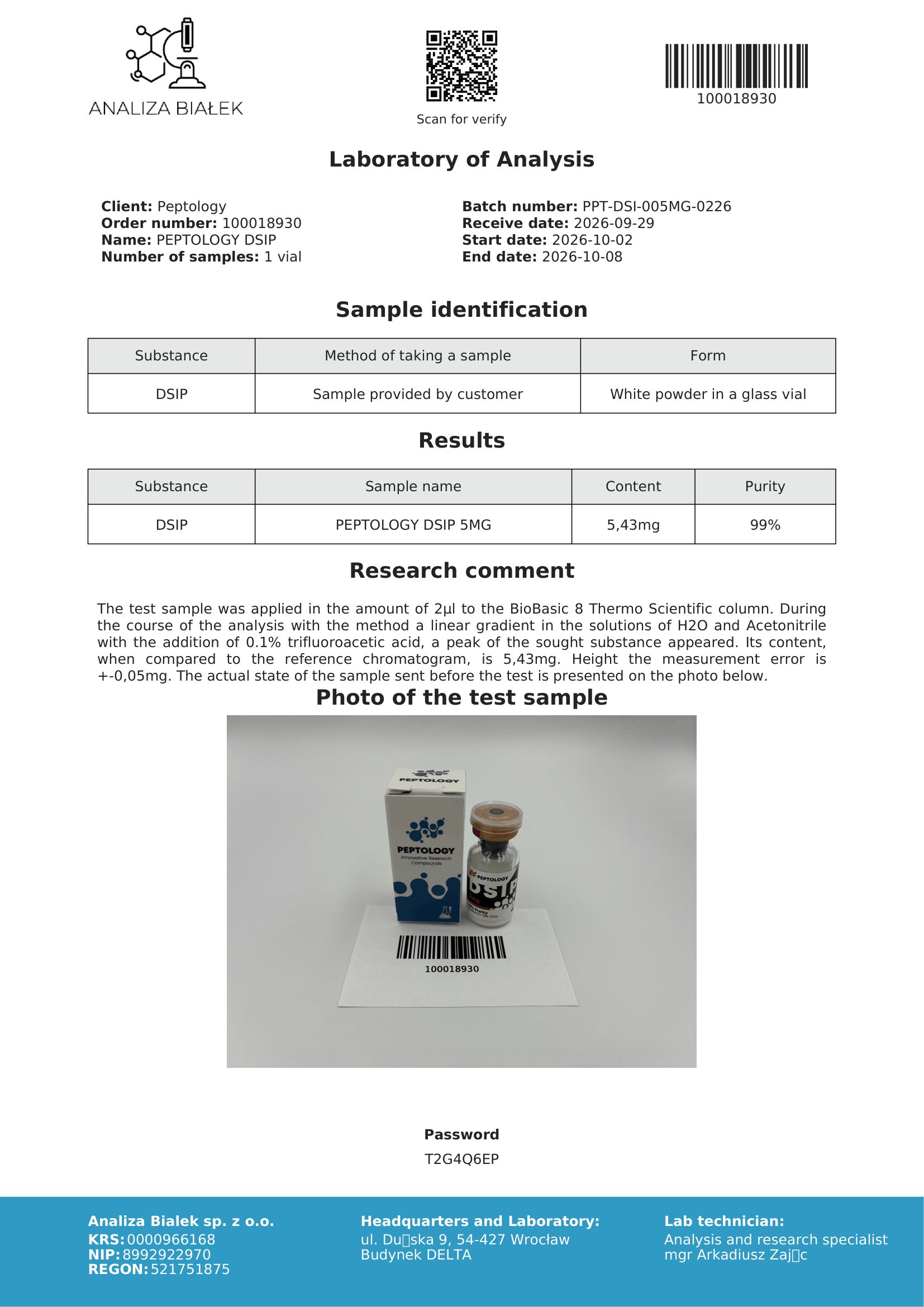 DSIP – certifikat čistosti HPLC, serija 0226