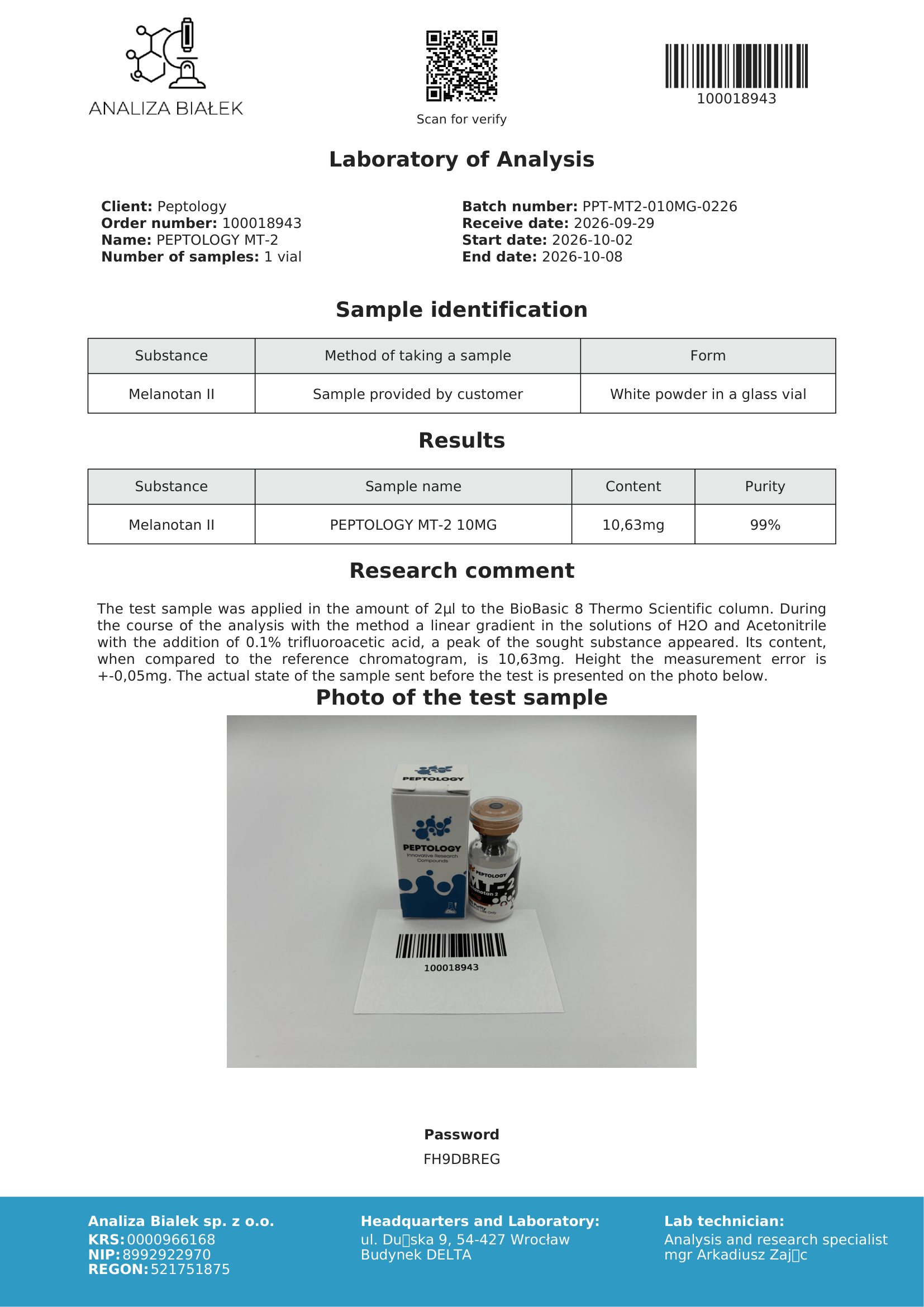 MT-2 – certifikat čistosti HPLC, serija 0226