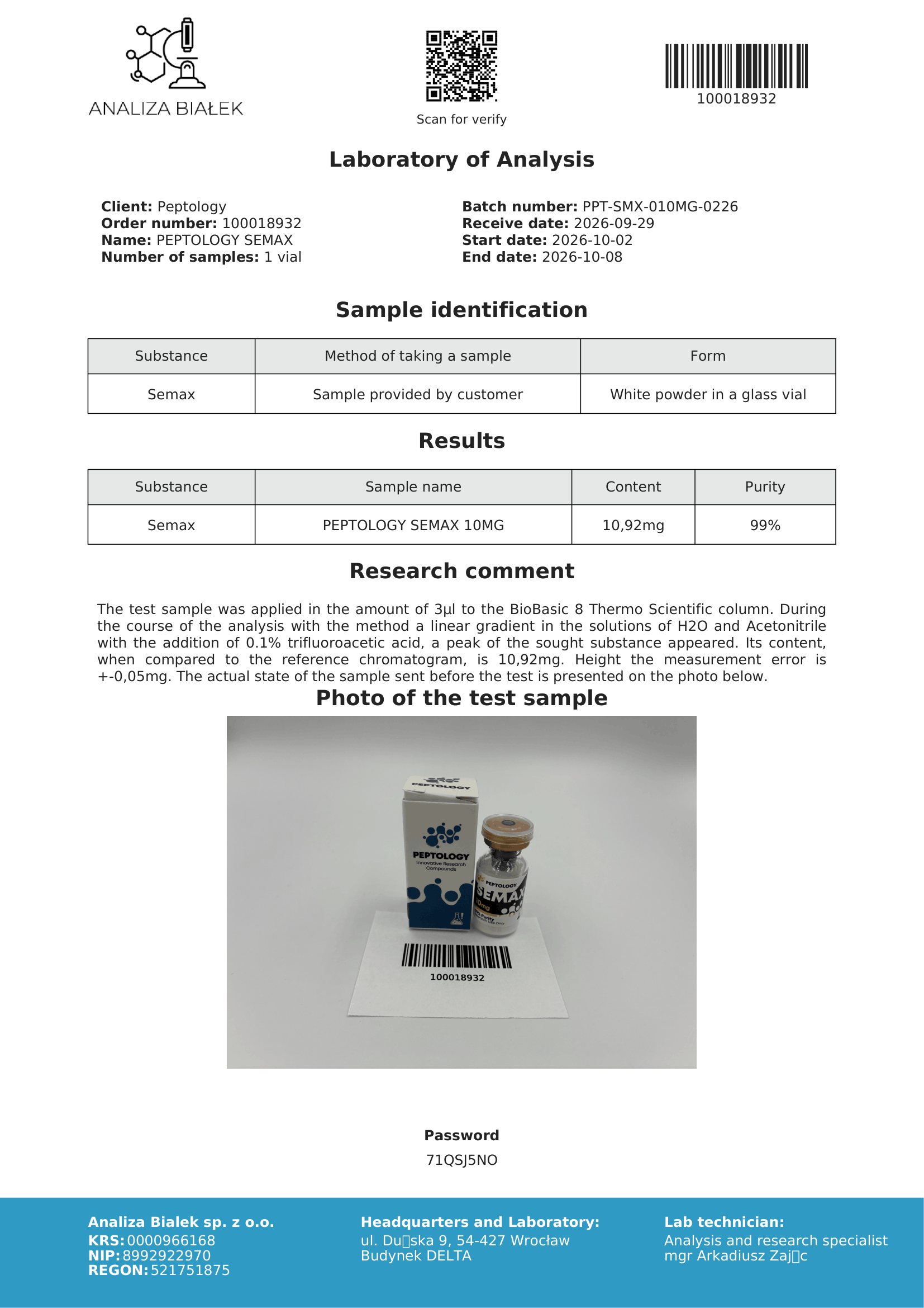 Semax 10 mg – certifikat čistosti HPLC, serija 0226