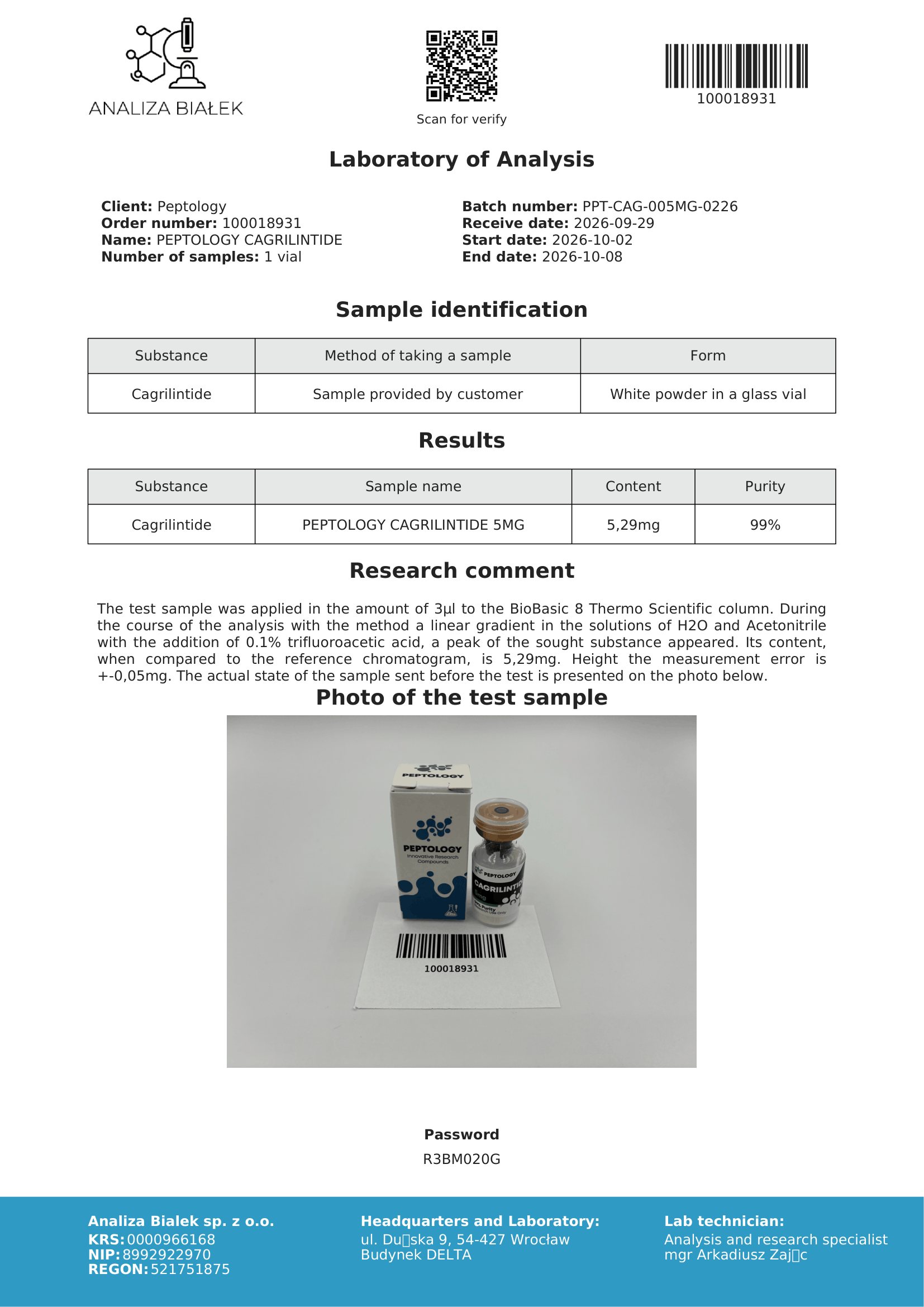 Cagrilintide 5 mg – certifikat čistosti HPLC, serija 0226