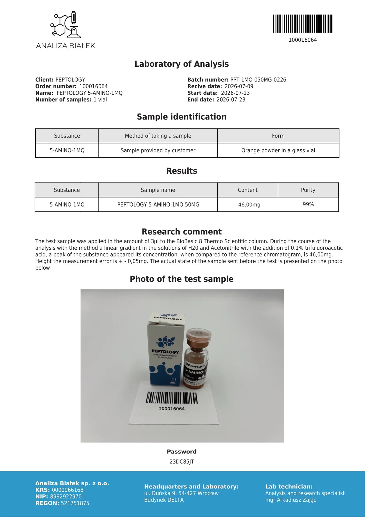 5-Amino-1MQ 50 mg – certifikat čistosti HPLC, serija 0226