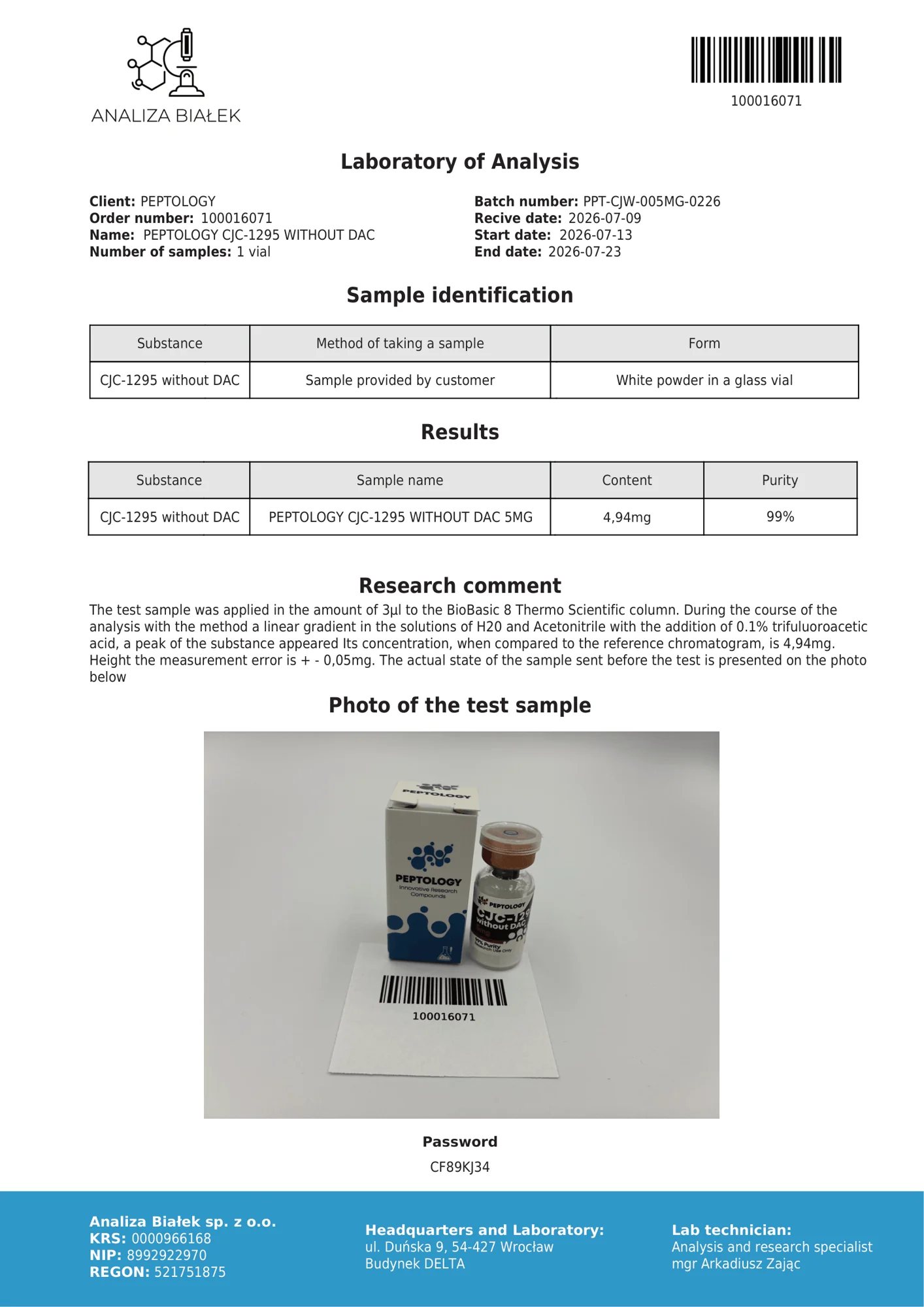 CJC‑1295 brez DAC 5 mg – certifikat čistosti HPLC, serija 0226