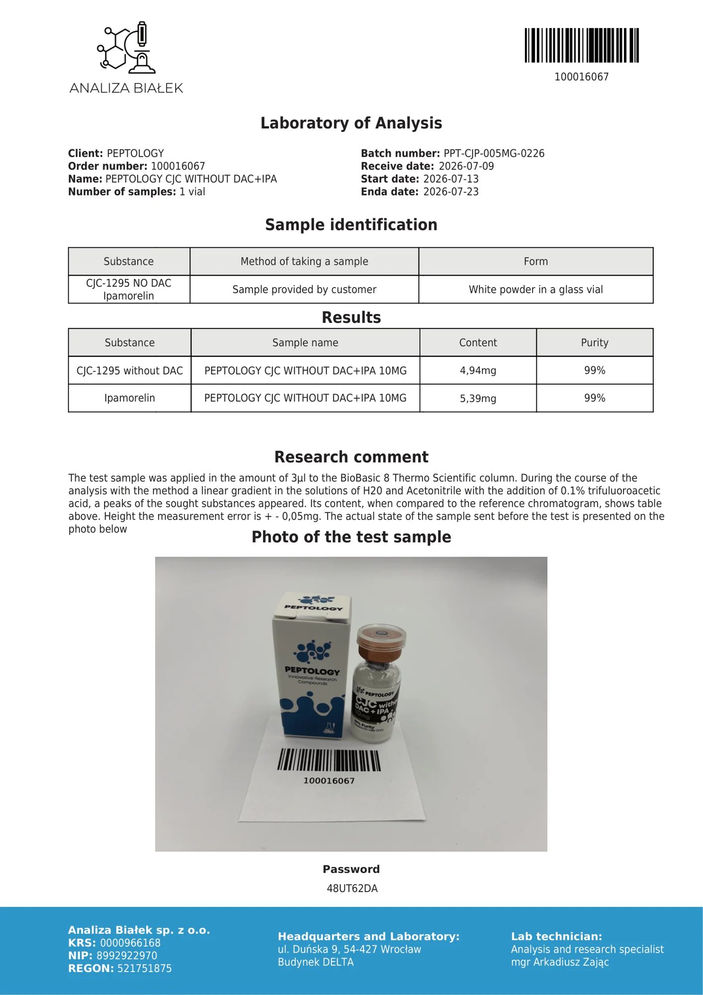 CJC-1295 + Ipamorelin 10 mg – certifikat čistosti HPLC, serija 0226