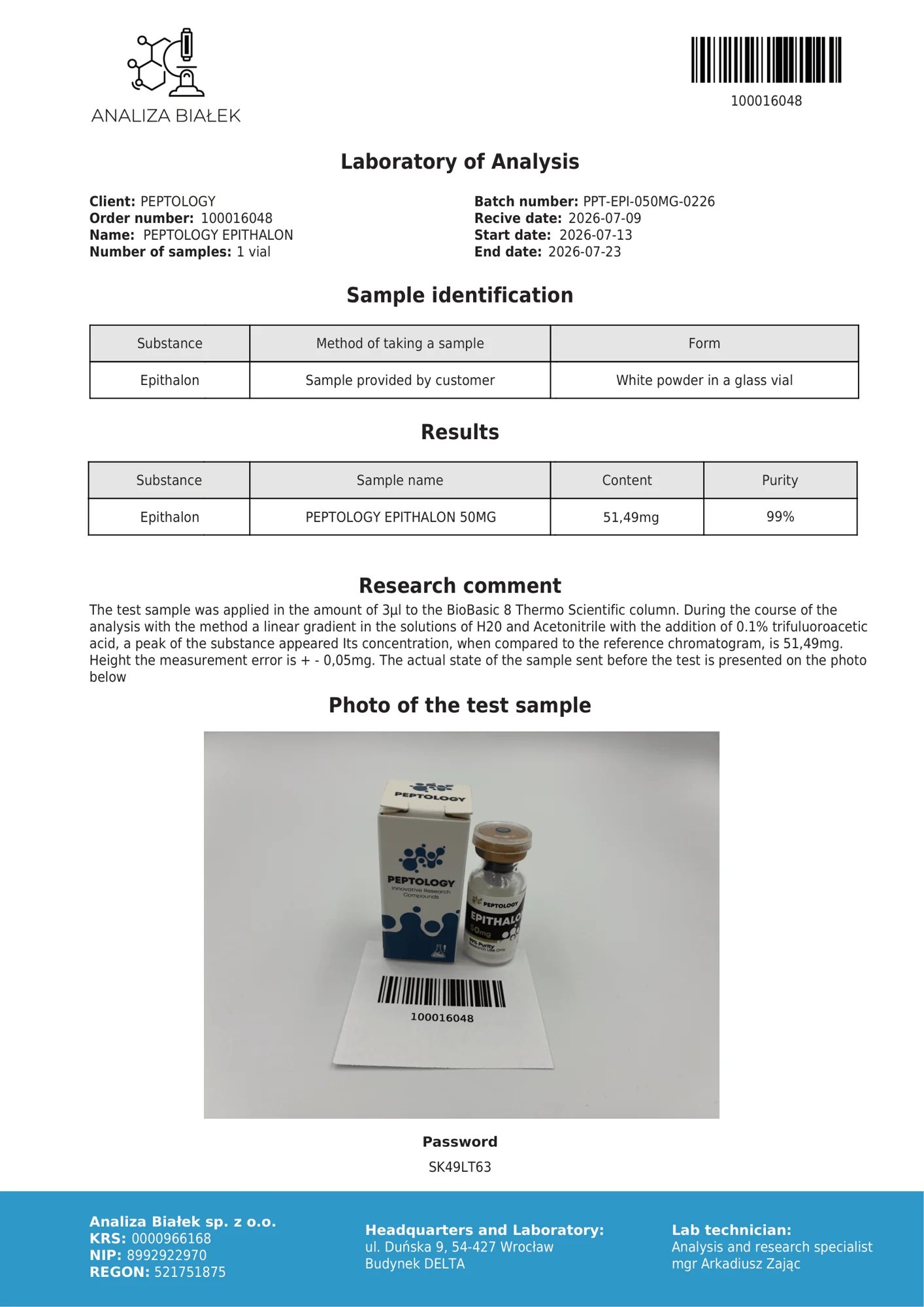 Epithalon 50 mg – certifikat čistosti HPLC, serija 0226