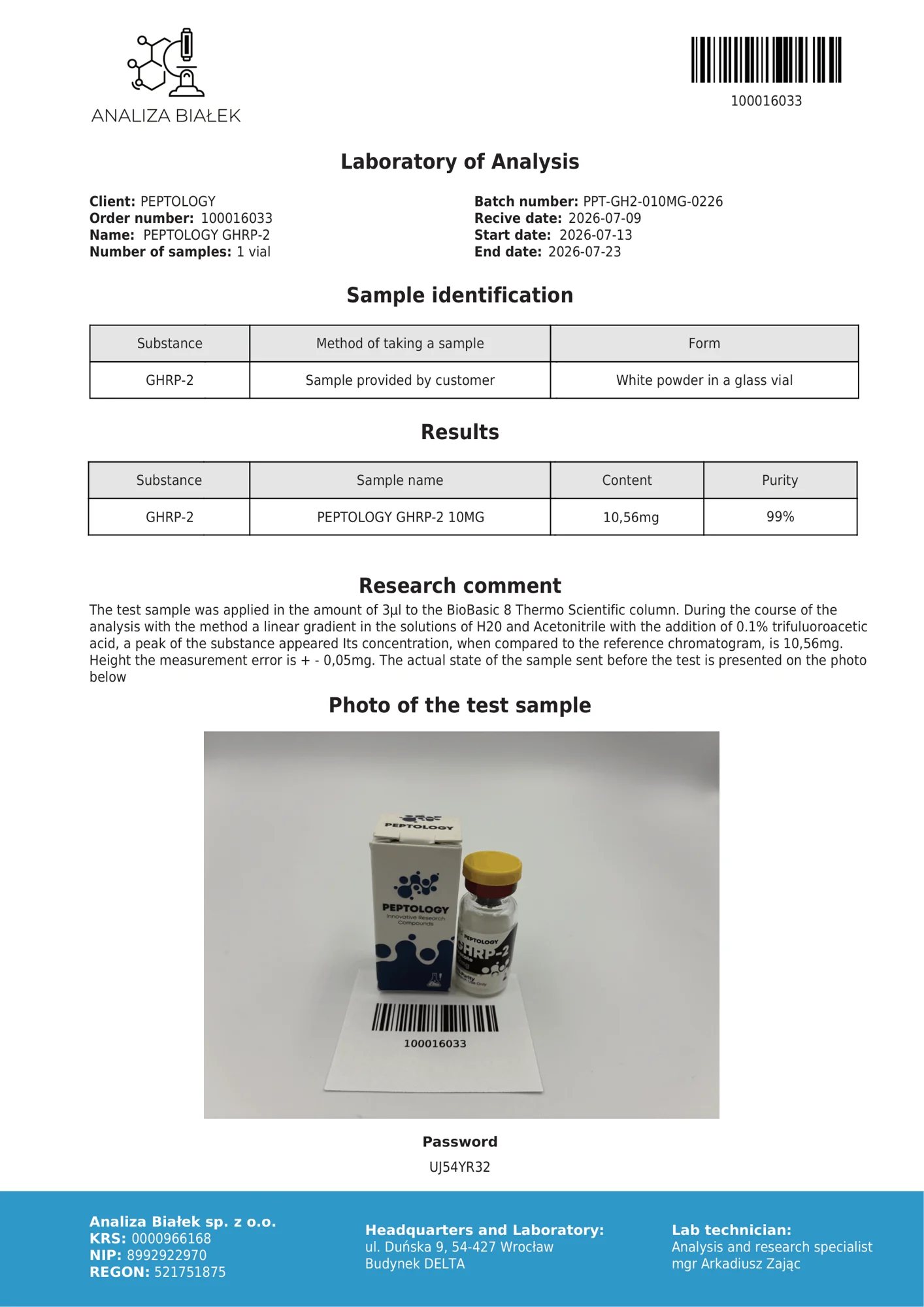 GHRP-2 10 mg – certifikat čistosti HPLC, serija 0226