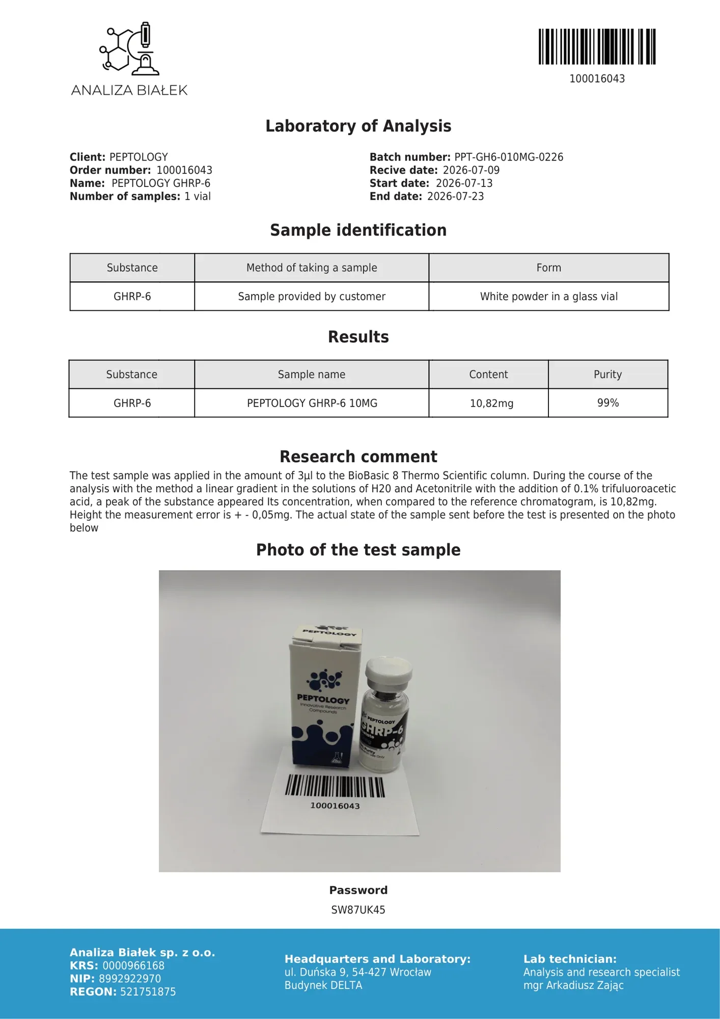 GHRP-6 10 mg – certifikat čistosti HPLC, serija 0226