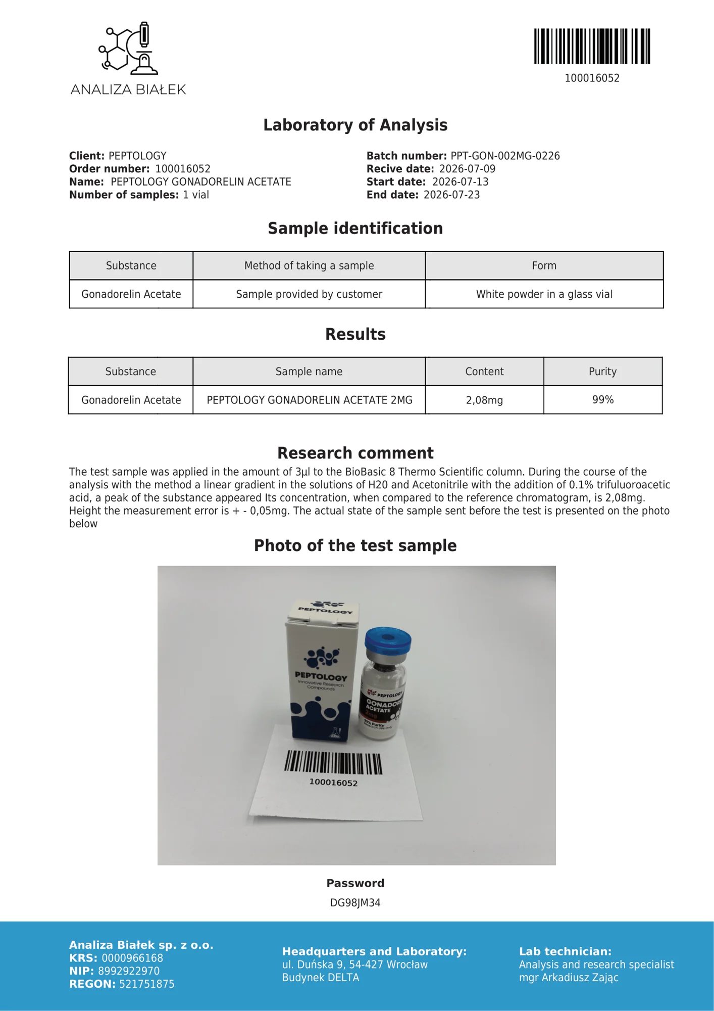 Gonadorelin 2 mg – certifikat čistosti HPLC, serija 0226