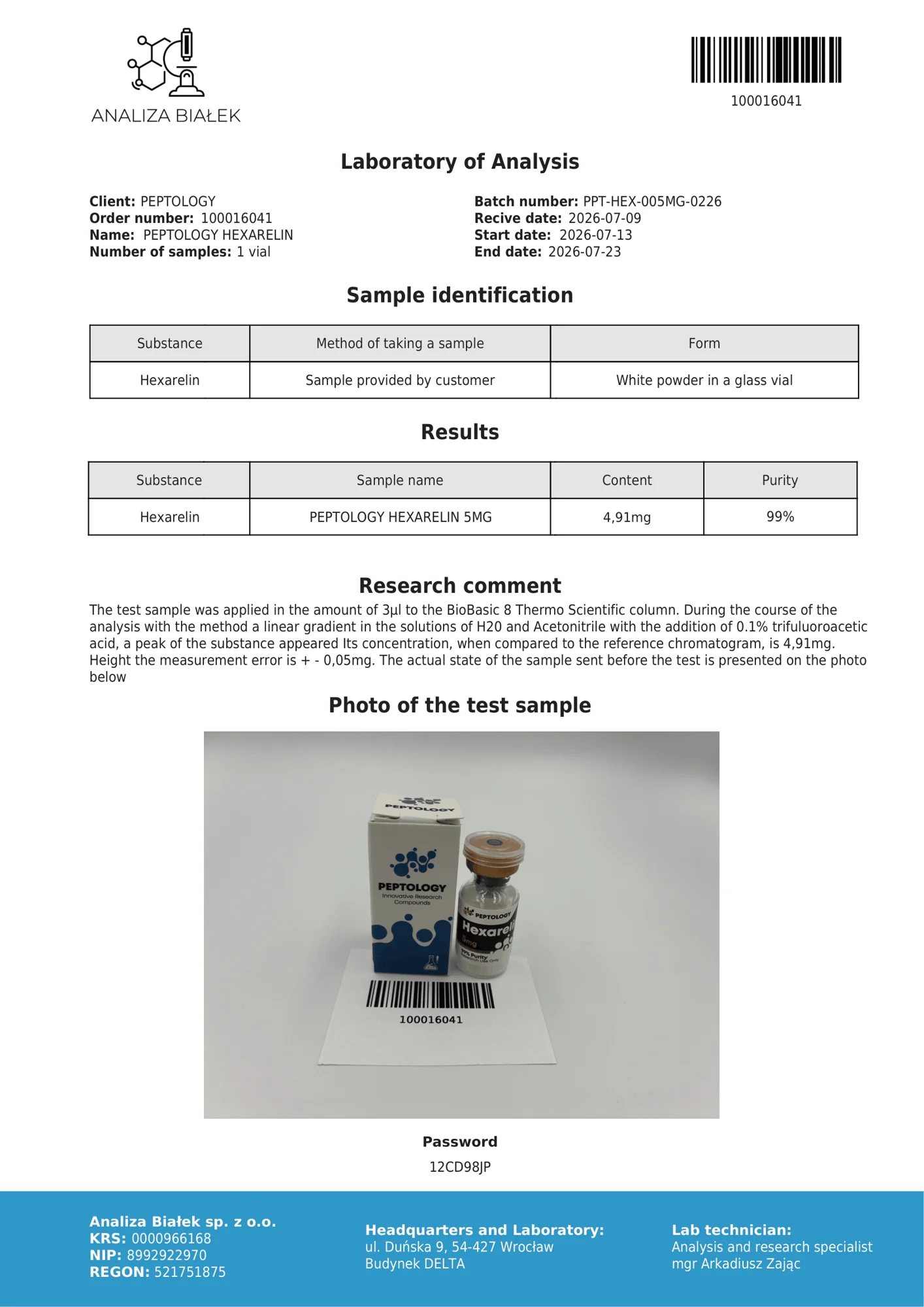 Hexarelin 5 mg – certifikat čistosti HPLC, serija 0226