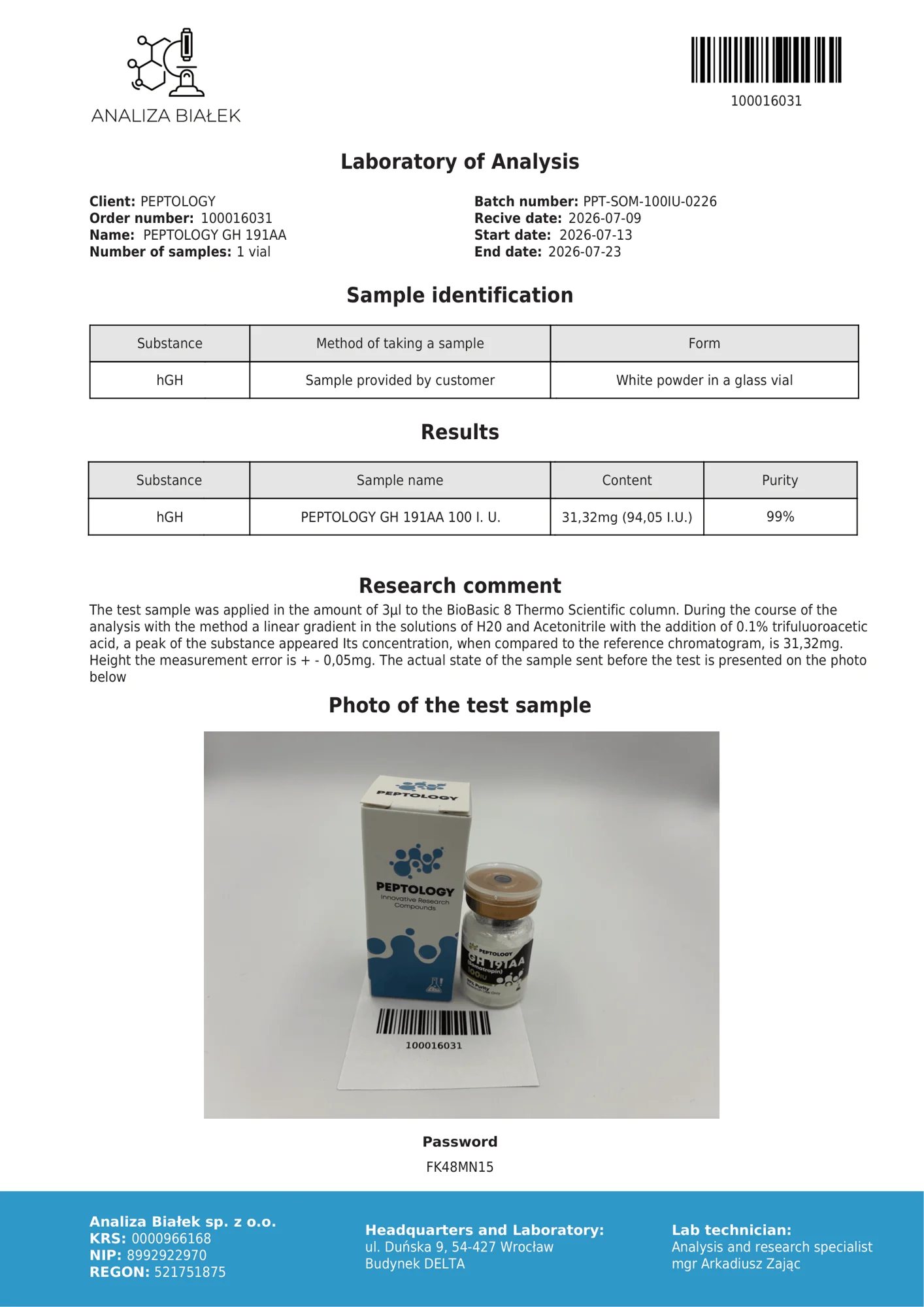 Somatropin 100 IU – certifikat čistosti HPLC, serija 0226