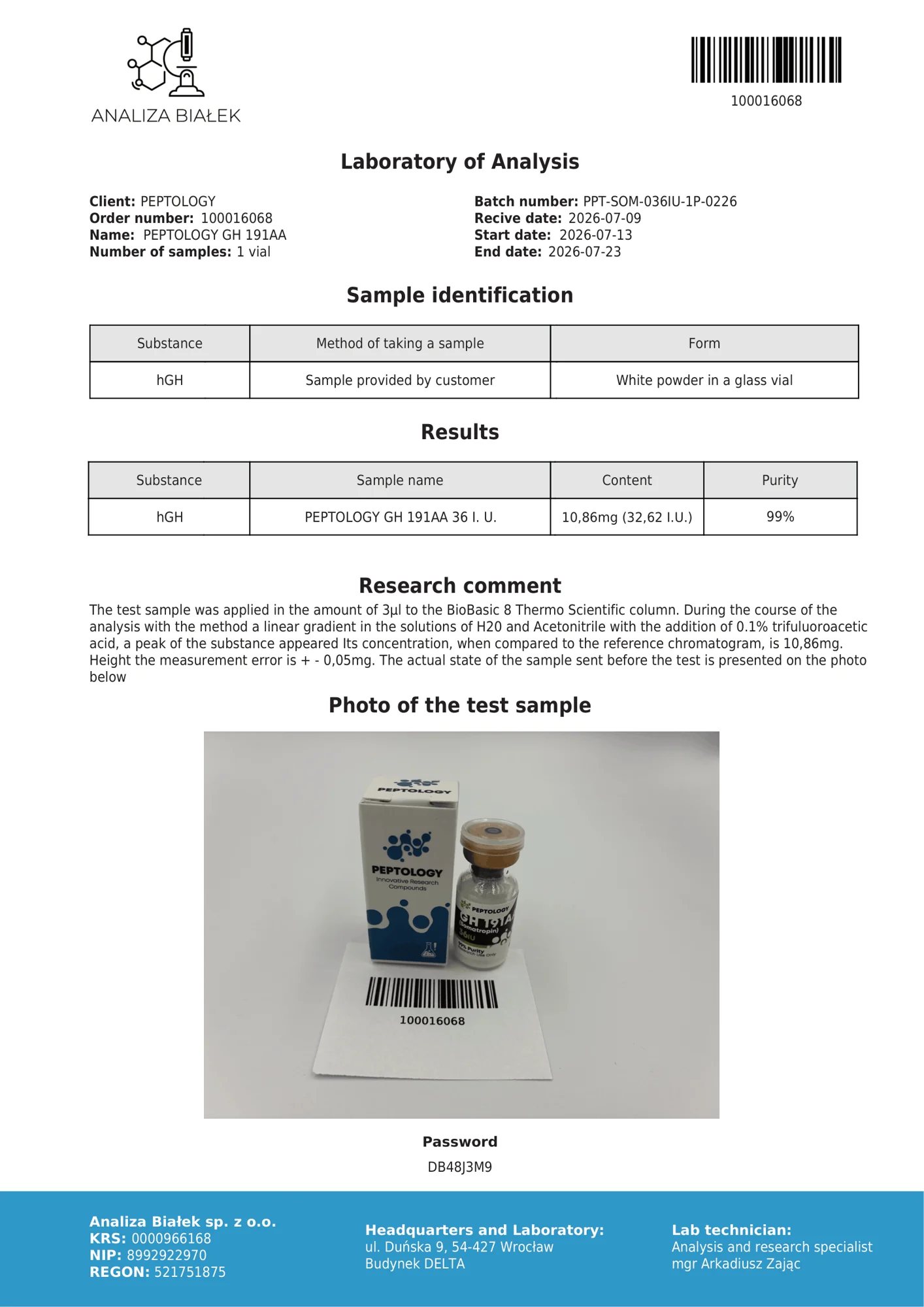 Somatropin 36 IU – certifikat čistosti HPLC, serija 0226