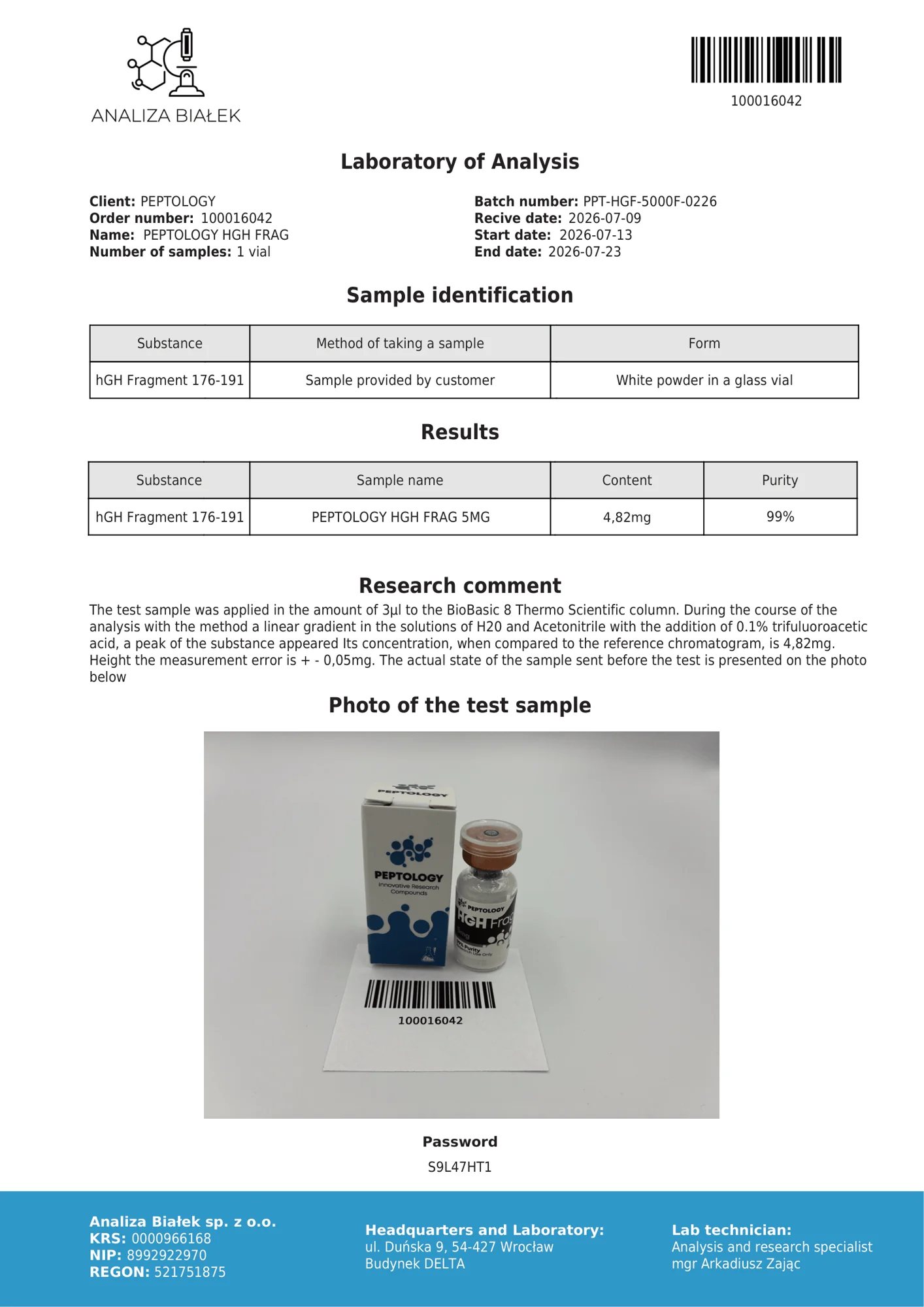 HGH Frag 5 mg – certifikat čistosti HPLC, serija 0226