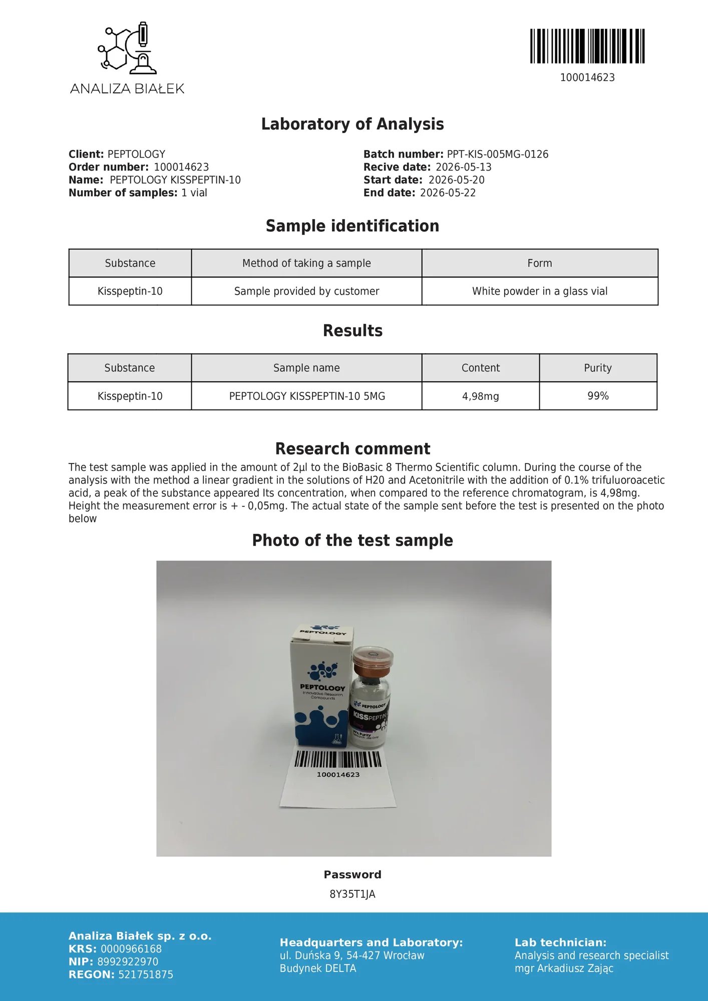 Kisspeptin-10 5 mg – certifikat čistosti HPLC, serija 0126