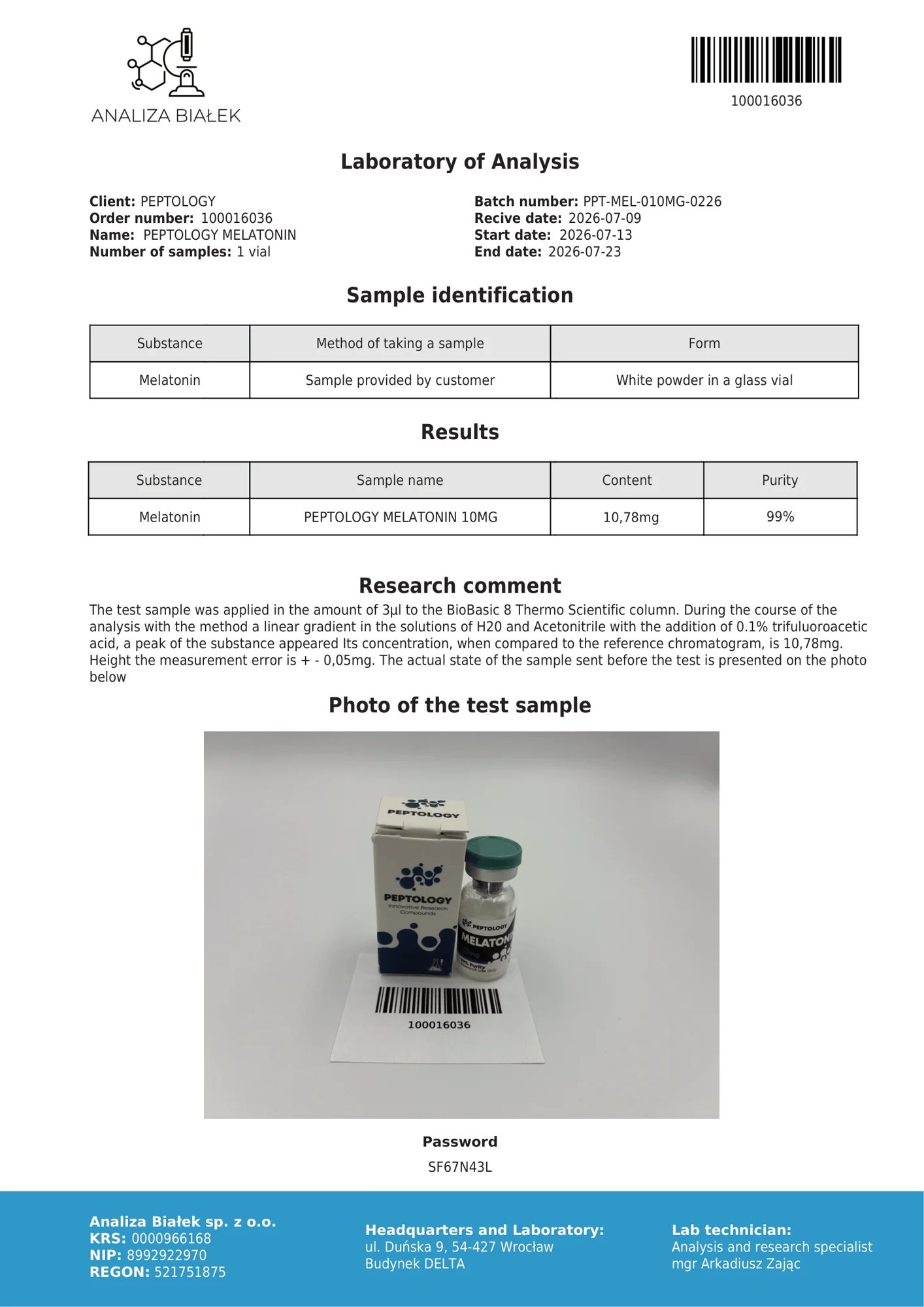 Melatonin 10 mg – certifikat čistosti HPLC, serija 0226