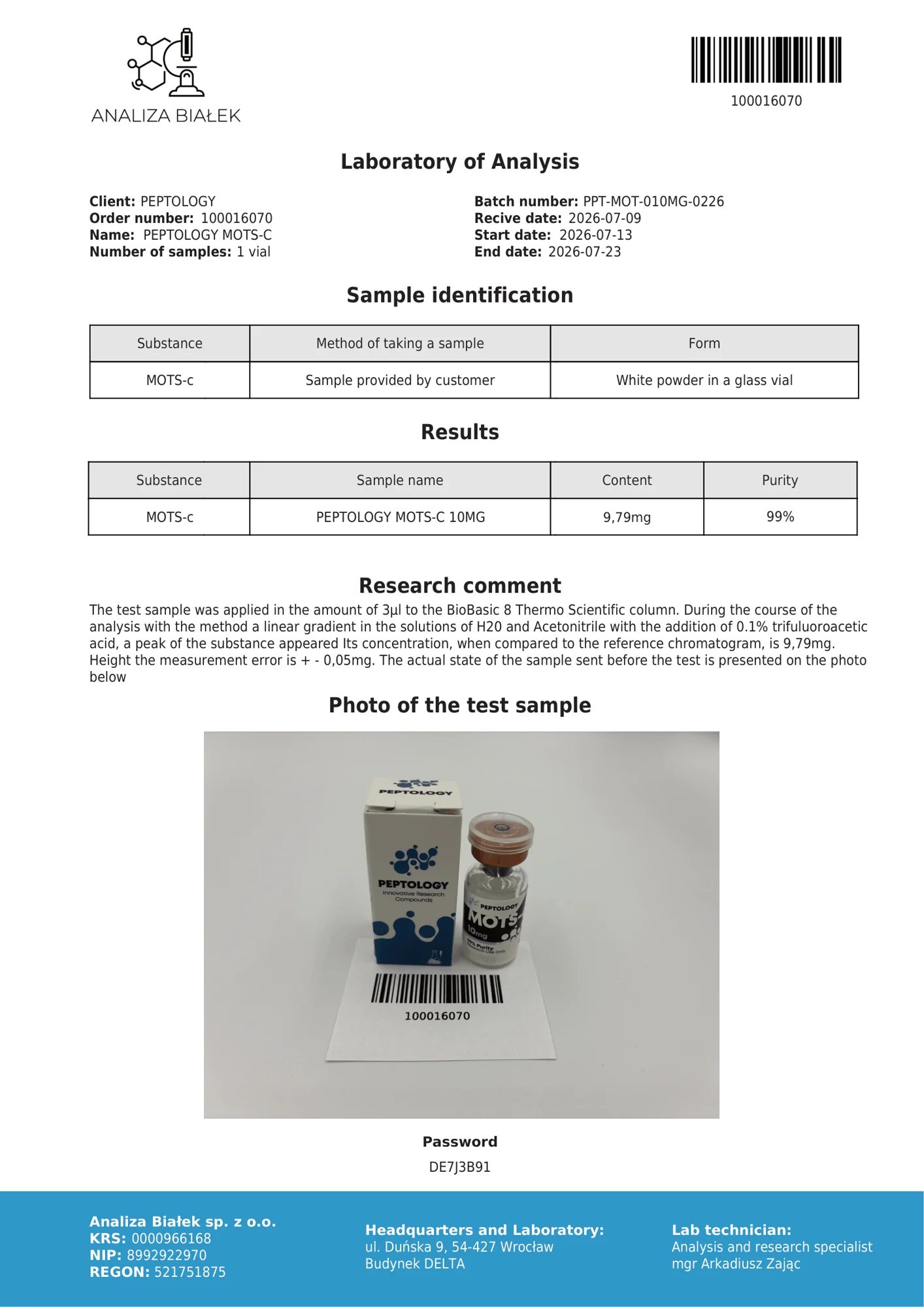 MOTS-c 10 mg – certifikat čistosti HPLC, serija 0226