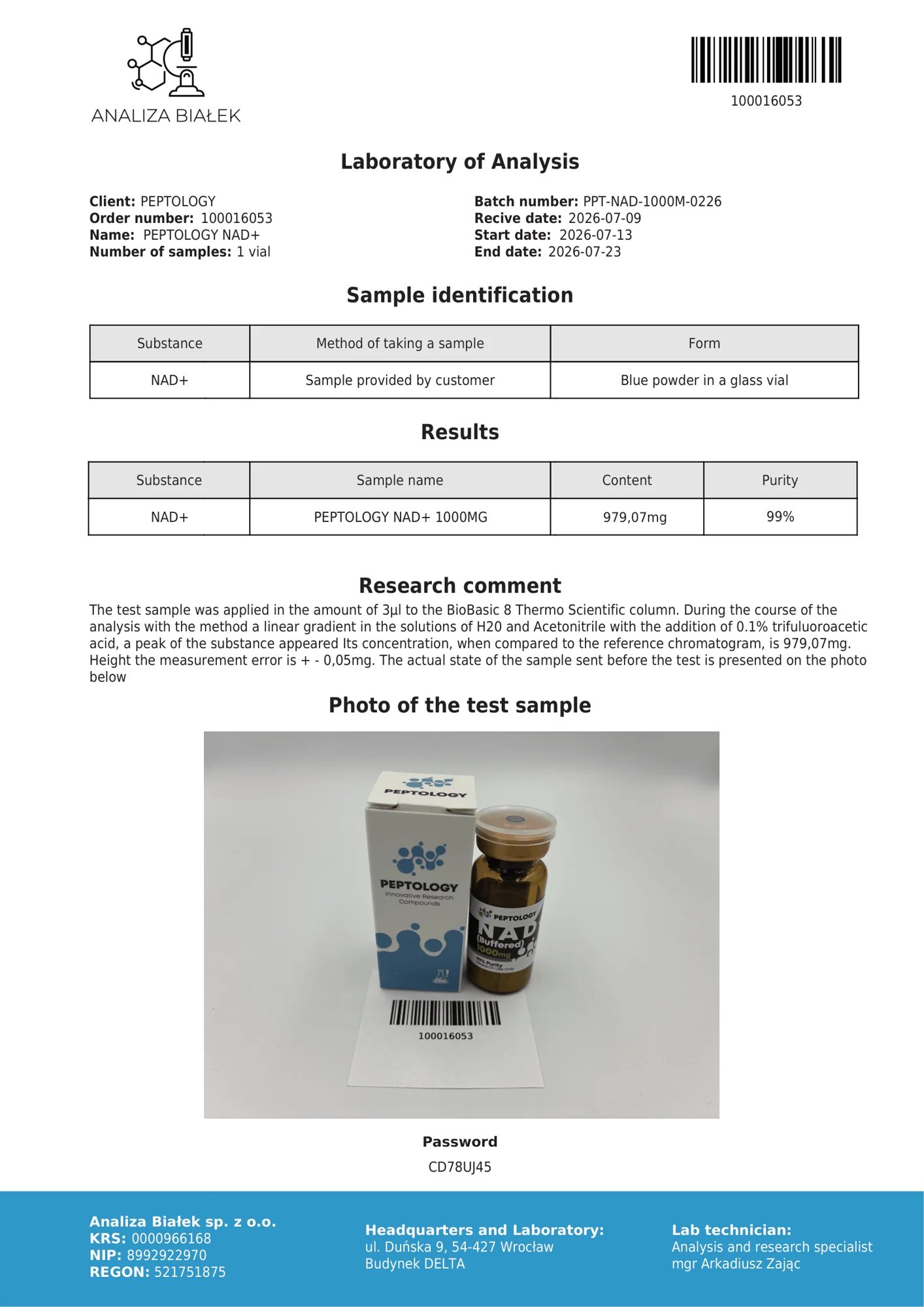 NAD+ 1000 mg – certifikat čistosti HPLC, serija 0226