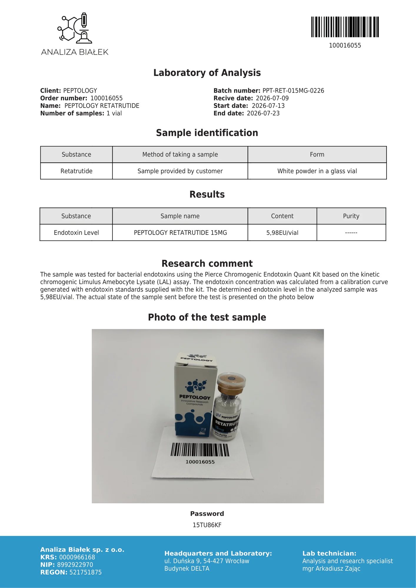 Retatrutide 15 mg – test endotoksinov, serija 0226