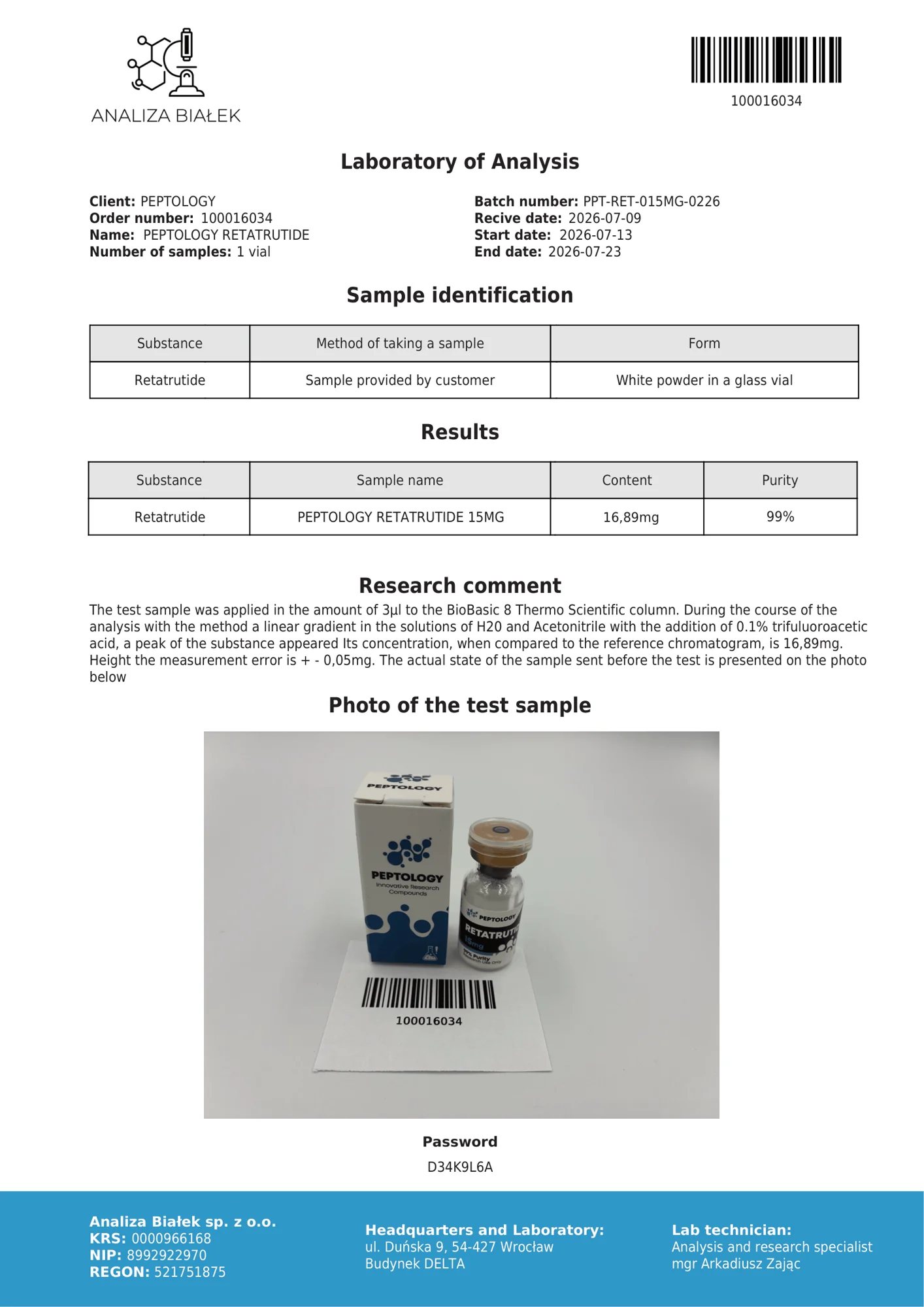 Retatrutide 15 mg – certifikat čistosti HPLC, serija 0226