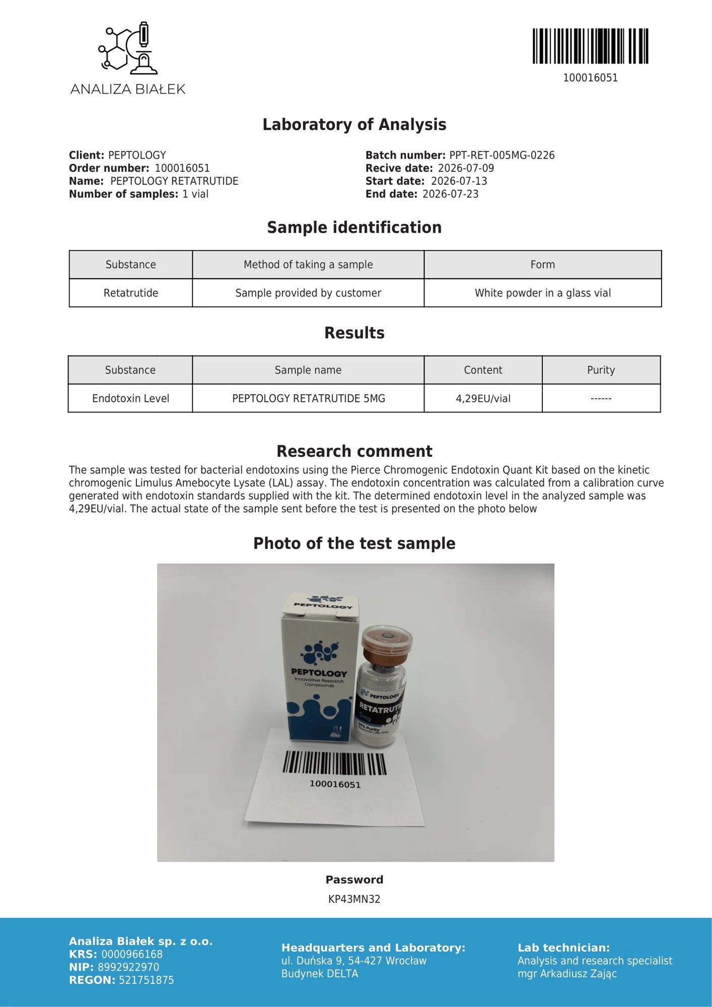 Retatrutide 5 mg – test endotoksinov, serija 0226