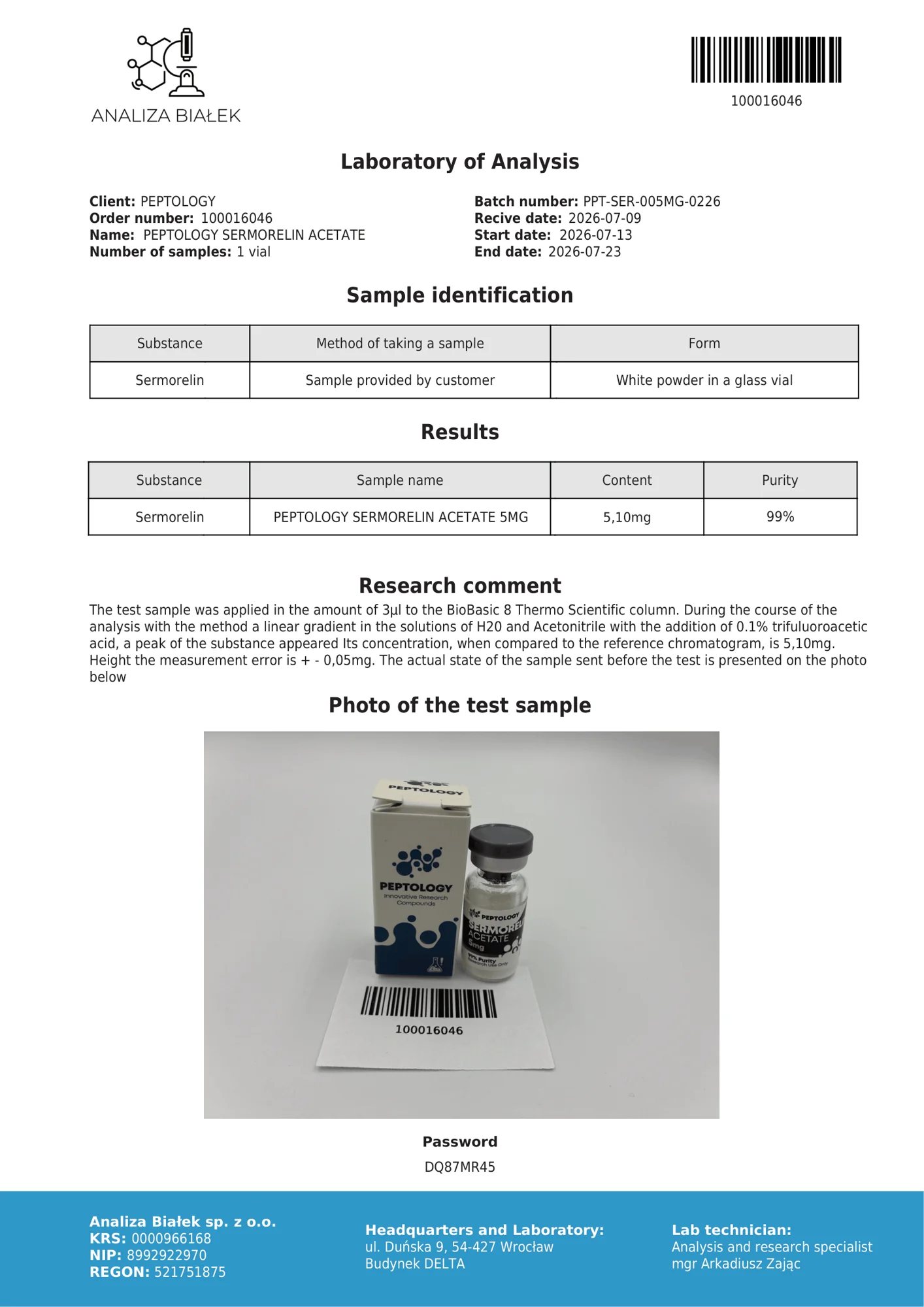 Sermorelin 5 mg – certifikat čistosti HPLC, serija 0226